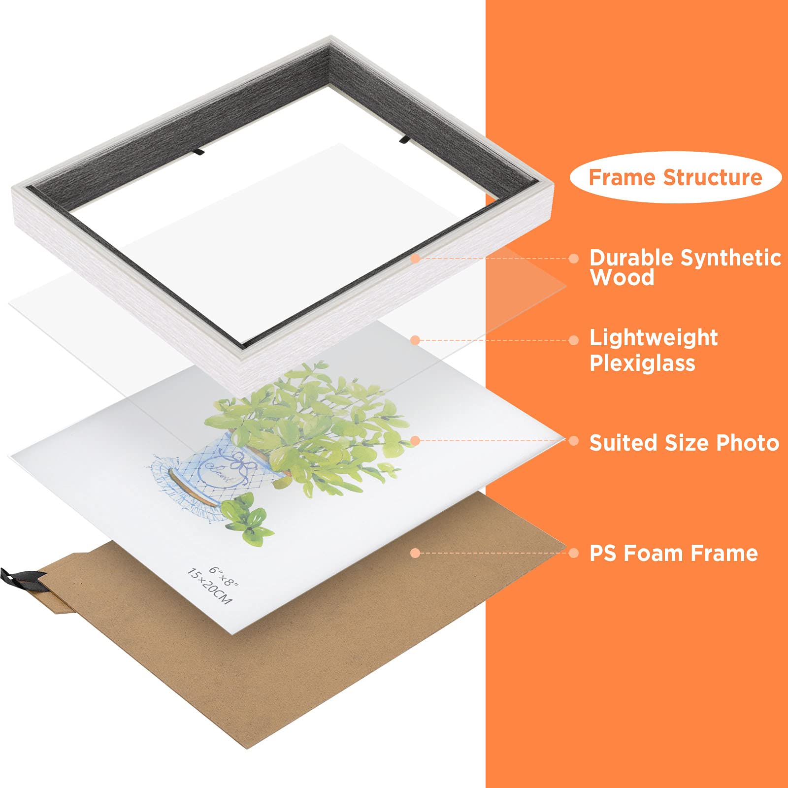 Anhow Set di 3 Cornici per Foto da 15x20 cm (6 x 8 Pollici), Cornici per Foto per la Decorazione con Foglio Acrilico Trasparente Infrangibile - Grigio Scuro / 3 Pezzi