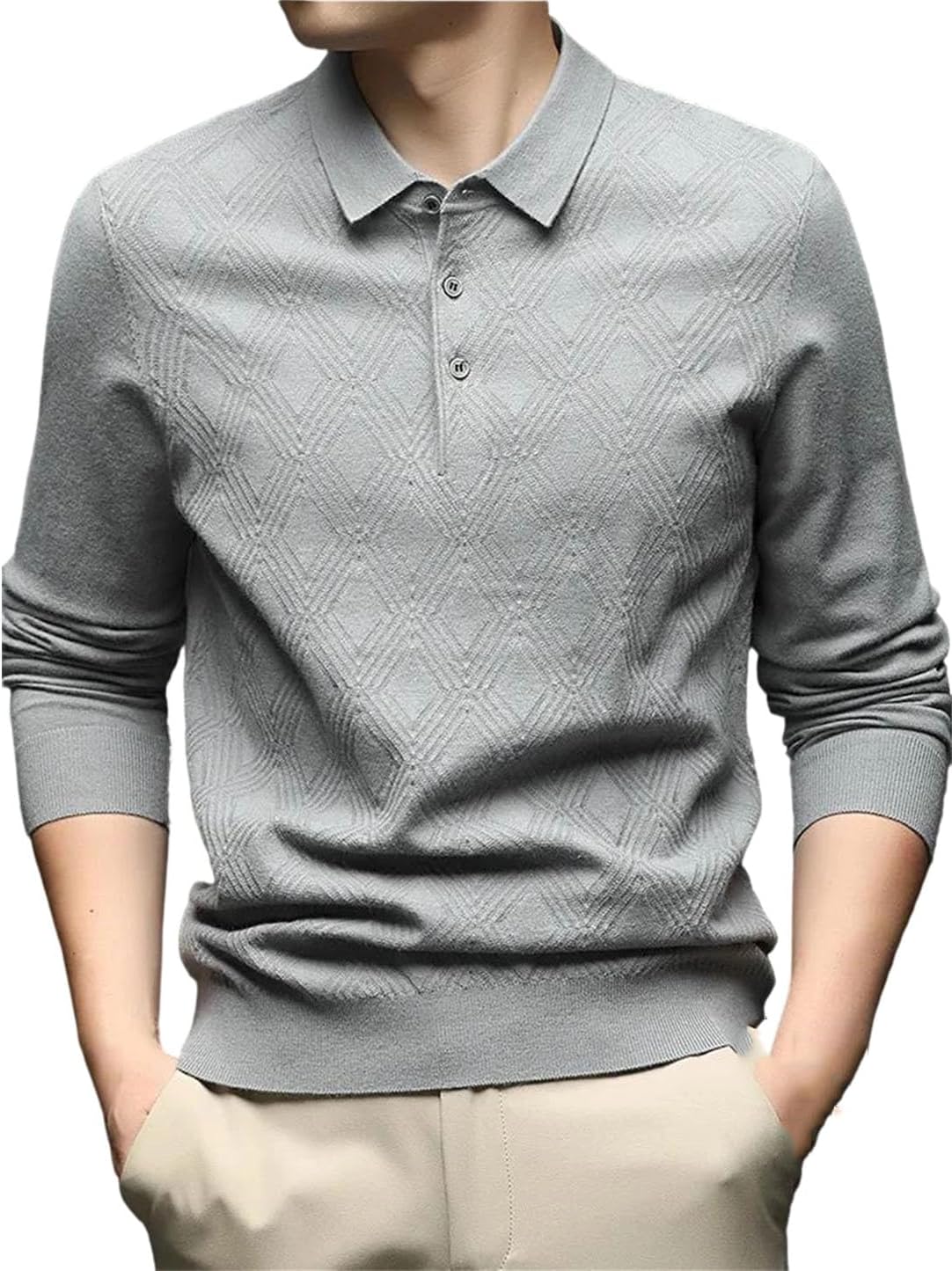 Vsadsau Men's Wool Blend Solid Polo Sweater Lapel Soft Business Pullover Sweaters