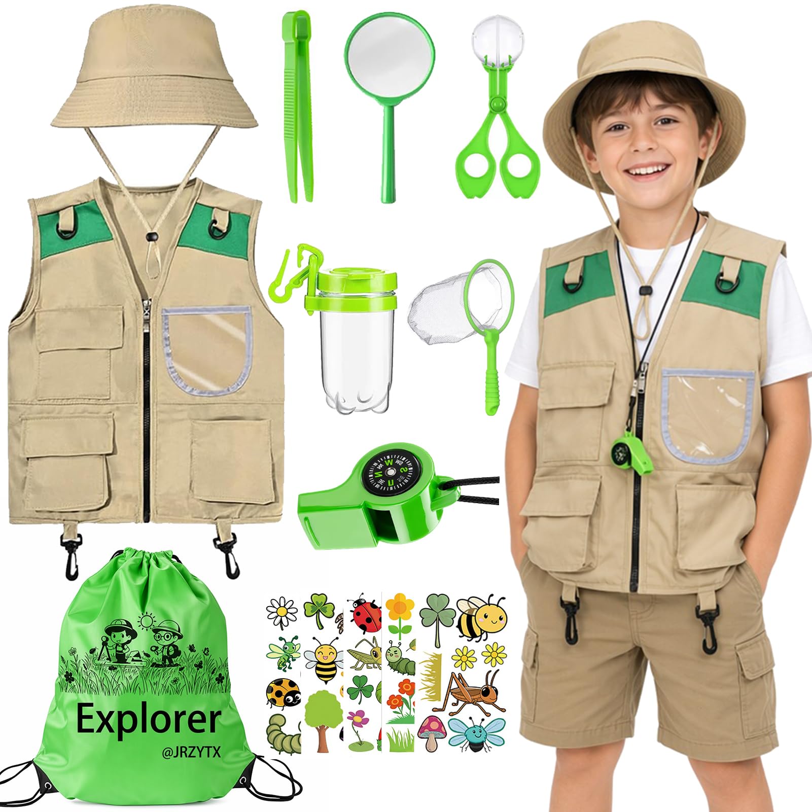 JRZYTX Kids Explorer Kit Explorer Kit Bug Hunting Costume for Children Role Play Zoo Keeper Costume for Park Ranger Outdoor Camping Adventure (Green)