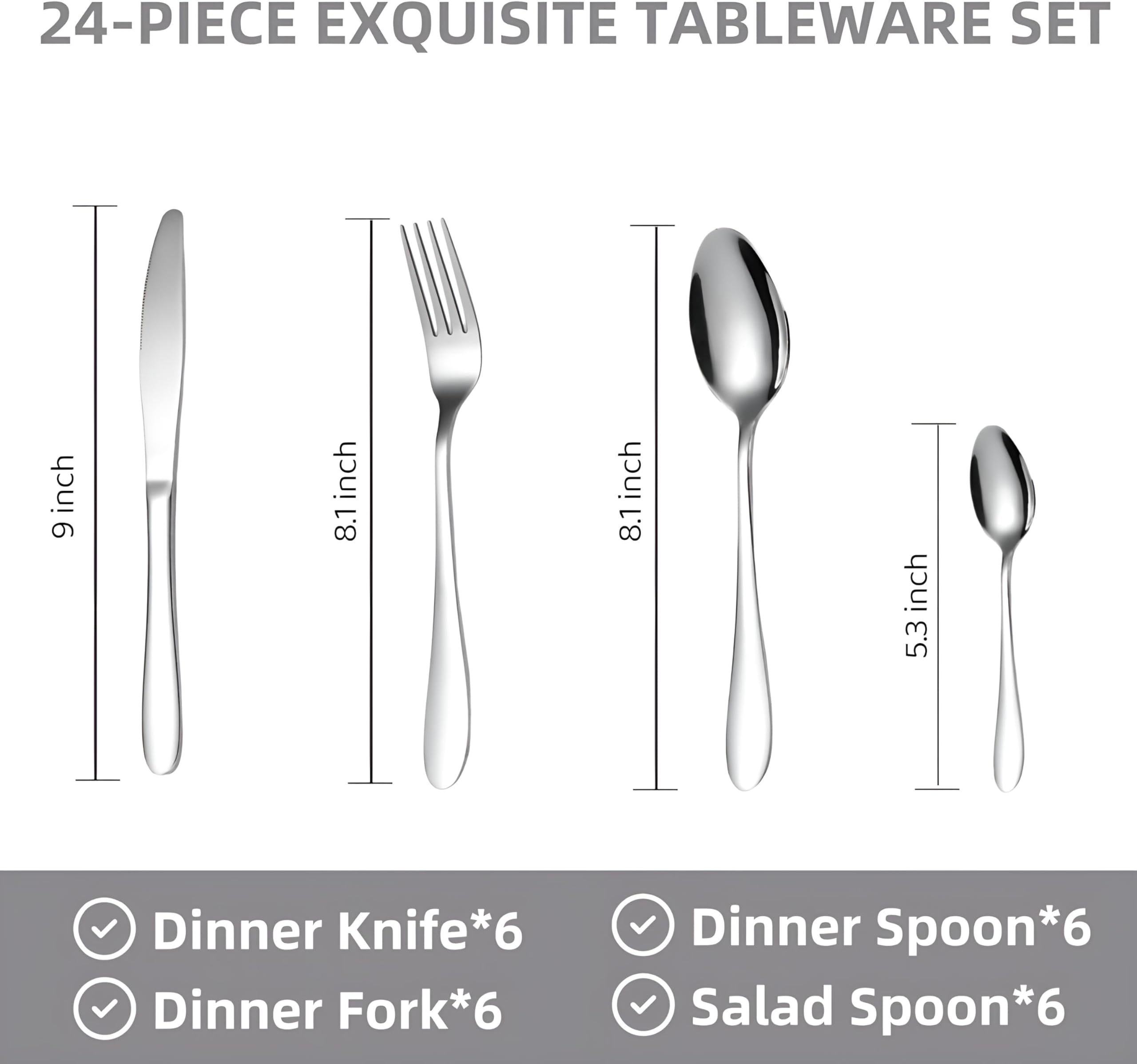 Couverts de Table,Ménagère de 24 Pièces pour 6 Personnes Acier Inoxydable,Ensemble de Couverts avec Couteau, Comprend Couteau, Fourchette, Cuillère, Cuillère à Café, Va Au Lave-Vaisselle