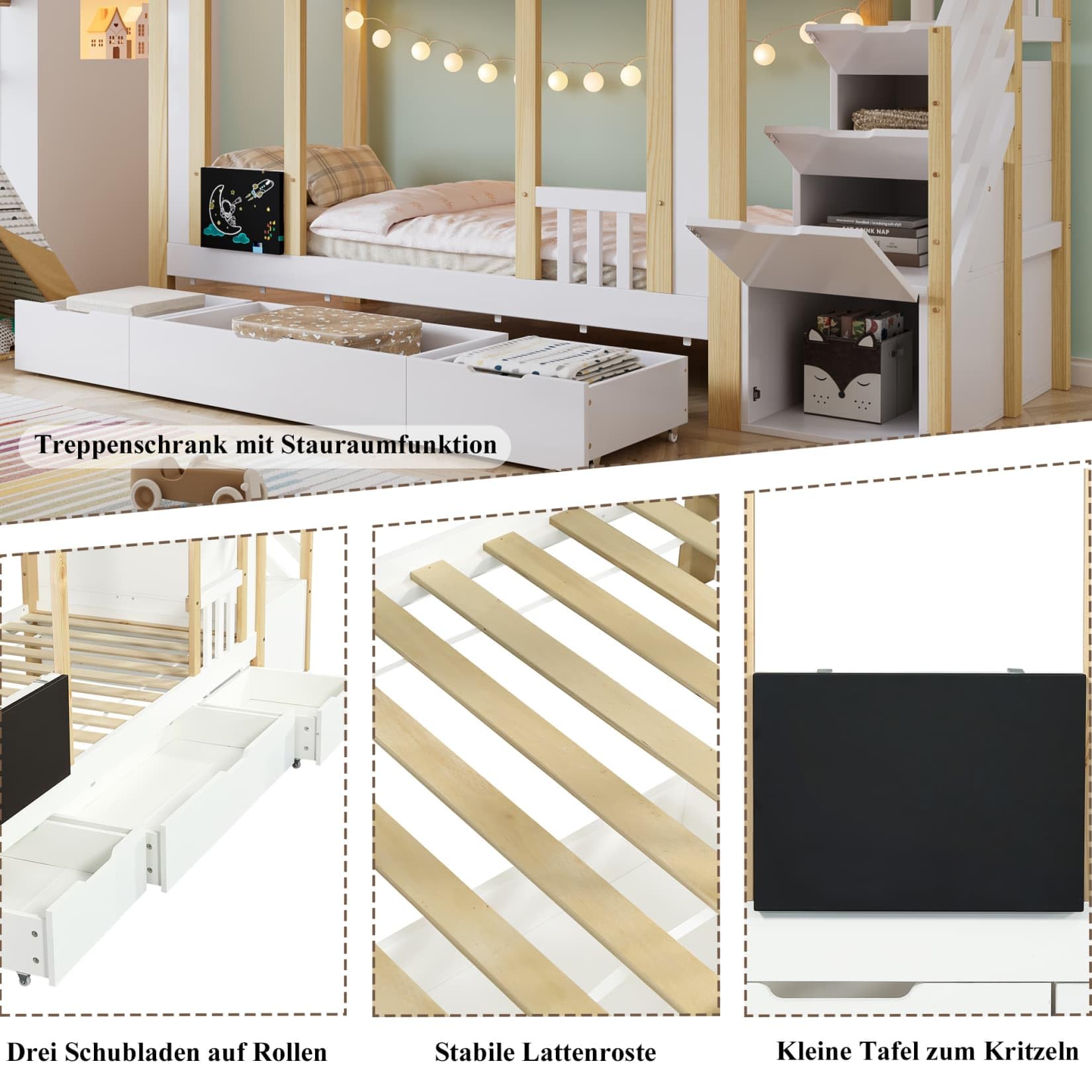 Lit Superposé Enfant 90x200 cm,Lit Superposé 2 Places avec 3 Tiroirs à roulettes,Petit Tableau Noir,Escalier de Rangement,Barrières Hautes,pour Garçons Filles