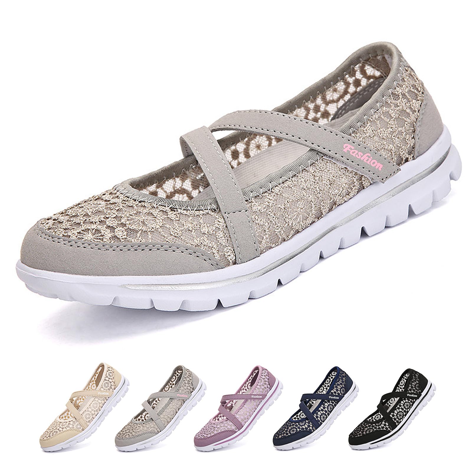 Optigard Women's Lace Mesh Adjustable Breathable Flat Walking Shoes Casual Non-Slip Lightweight Sneakers Comfortable Slip-On Shallow Mouth Mom Shoes