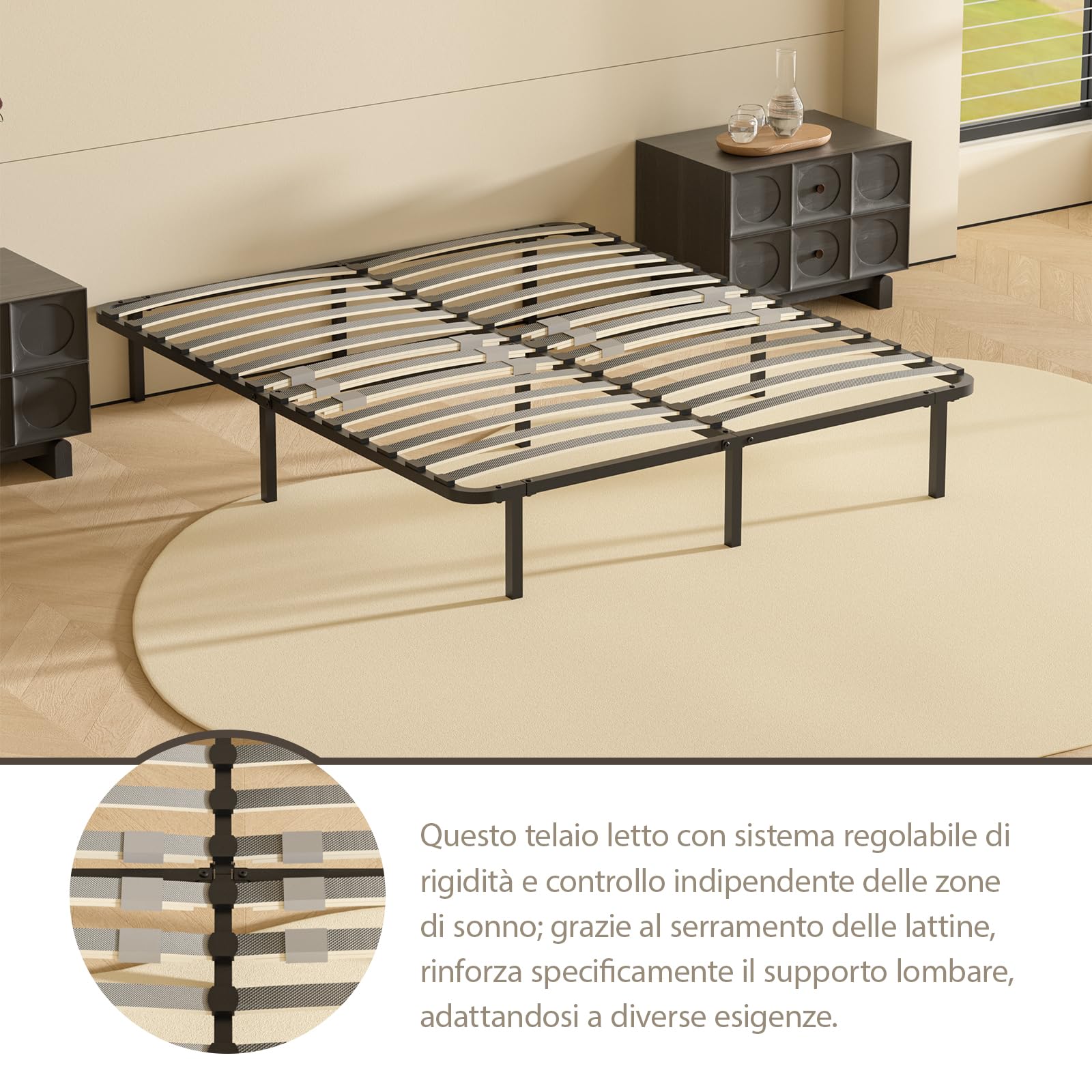 DEWINNER Rete Matrimoniale 160x190 cm, Altezza 35cm, Ortopedica con 9 Piedi,Letto Ferro Battuto con Rete a Doghe Matrimoniale regolatori di rigidità con Doppie doghe centrali