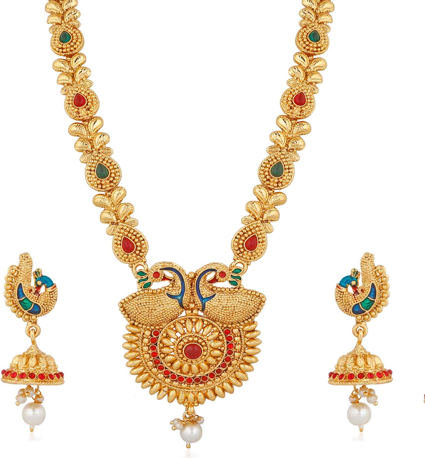 Apara South Indian Jewelelry Gold Plated Jewellery Set for Women (Gold and Red and Green) (RNZ48D714MLK)