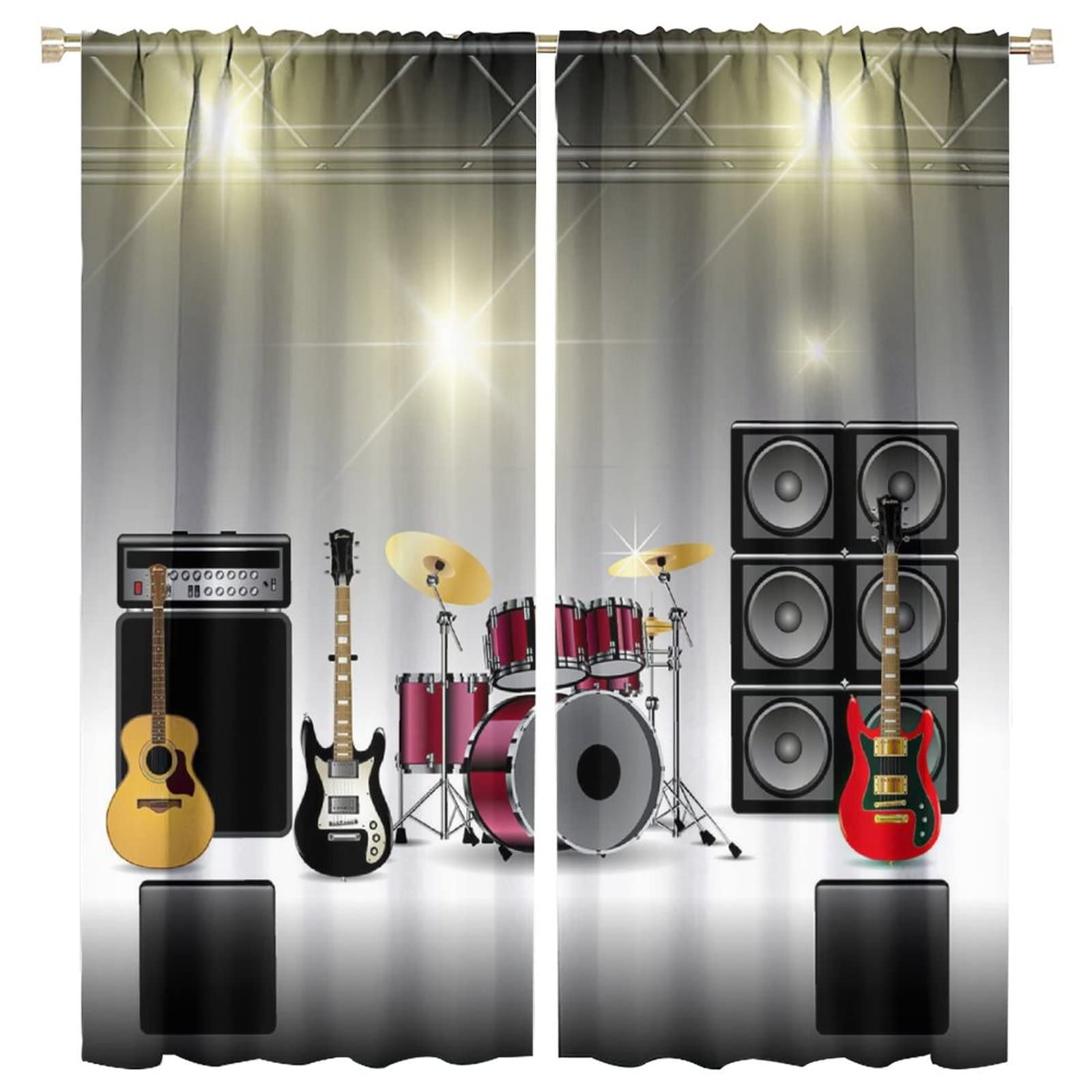 Rock Music Curtains for Living Room,Musical Instrument Curtain Guitar Blackout Rod Pocket Window Drapes for Teens Boys Bedroom Living Room W63xL72in