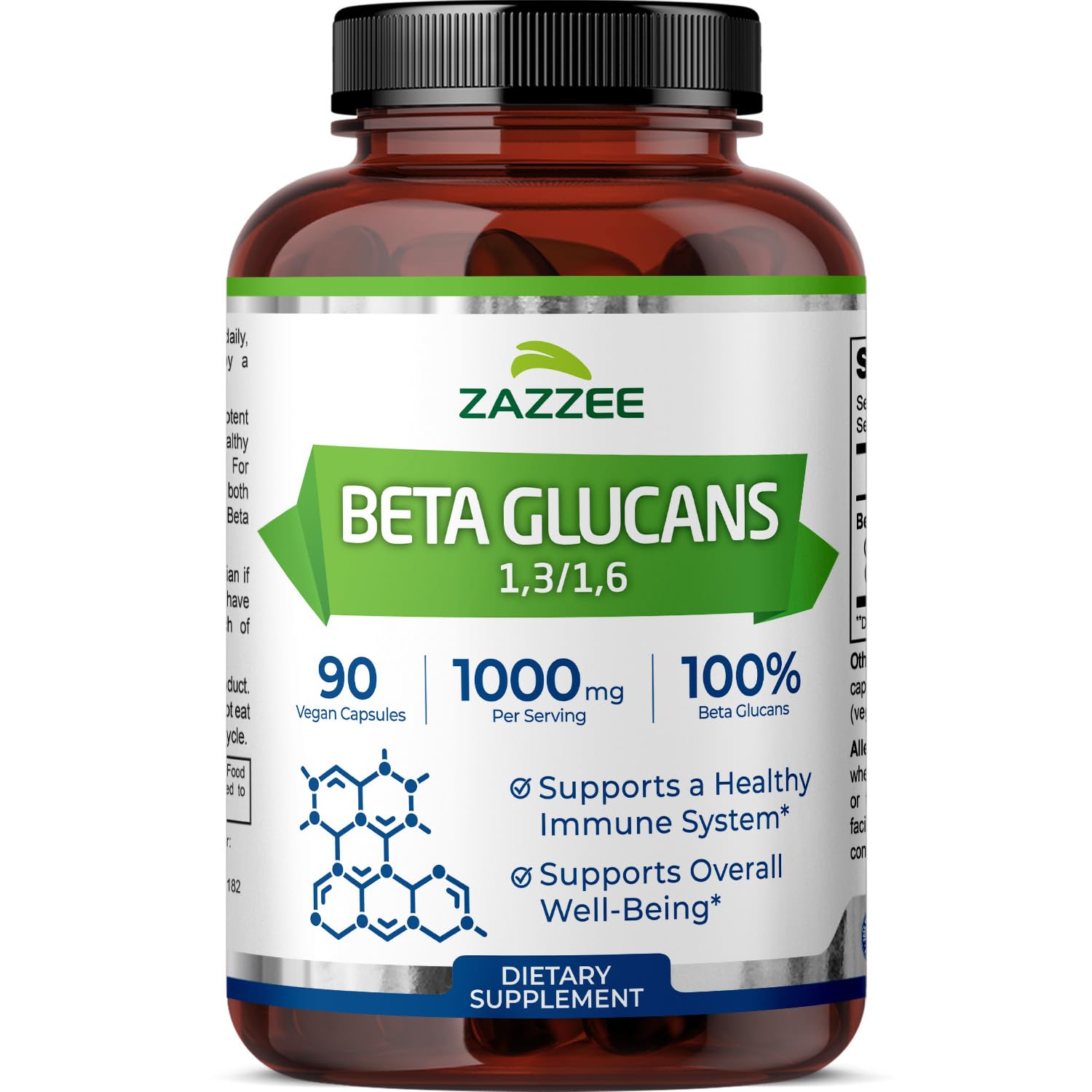 Zazzee Extra Strength 1,3/1,6 Beta Glucans 1000 mg, 100% Glucan Content, 90 Vegan Capsules, Supports a Healthy Immune System, Non-GMO and All-Natural