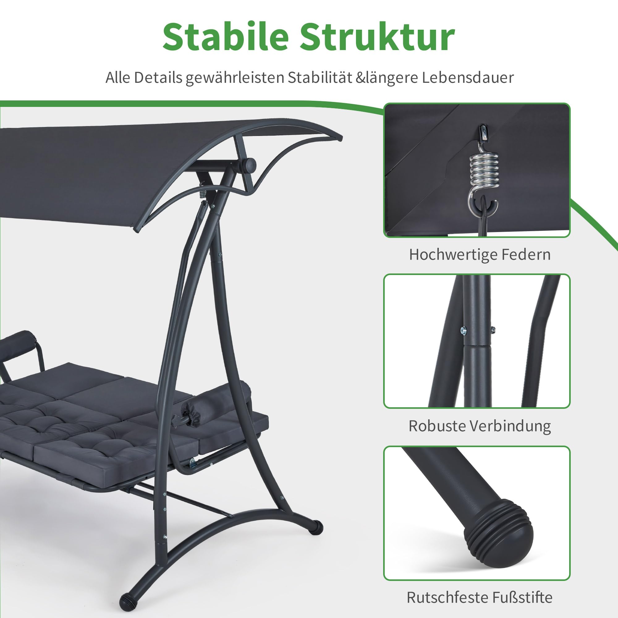 M MCombo 3-Sitzer Hollywoodschaukel mit Liegefunktion, Schaukelbank Outdoor Wetterfest, 3 Extradickem Sitzkissen & Silent-Haken, Gartenschaukel bis 300kg Belastbar, 4025 (grau)