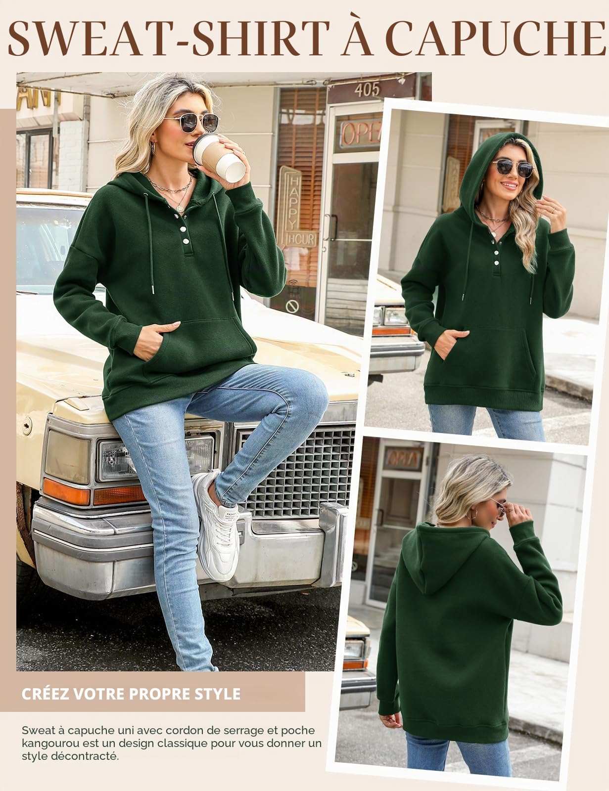 Xnova Sweats à Capuche Polaire Femmes Chaud Décontracté | Boutonné Hoodie Basic Casual Sweatshirts Pullover Tops avec Poche, Cordon de Serrage Manches Longues Automne Hiver