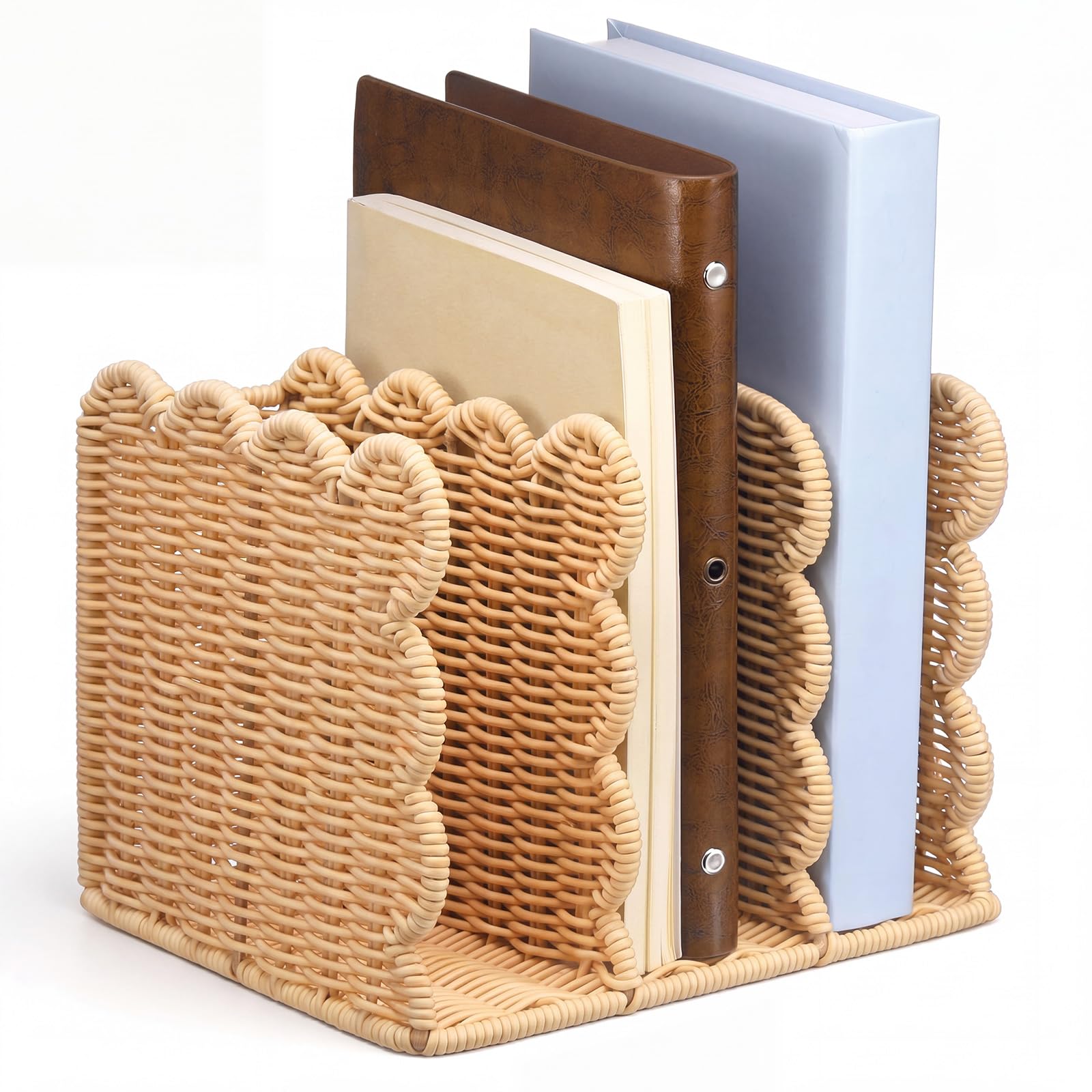 Suzile Zeitschriftensammler mit gewelltem Rattan-Imitat, 3 Fächer, Schreibtisch-Organizer, vertikale Buchstützen-Organisation für Büro, Ordner, Dokumente, Tablets, Zeitschriften, Bücher (21,6 x 18,3 x