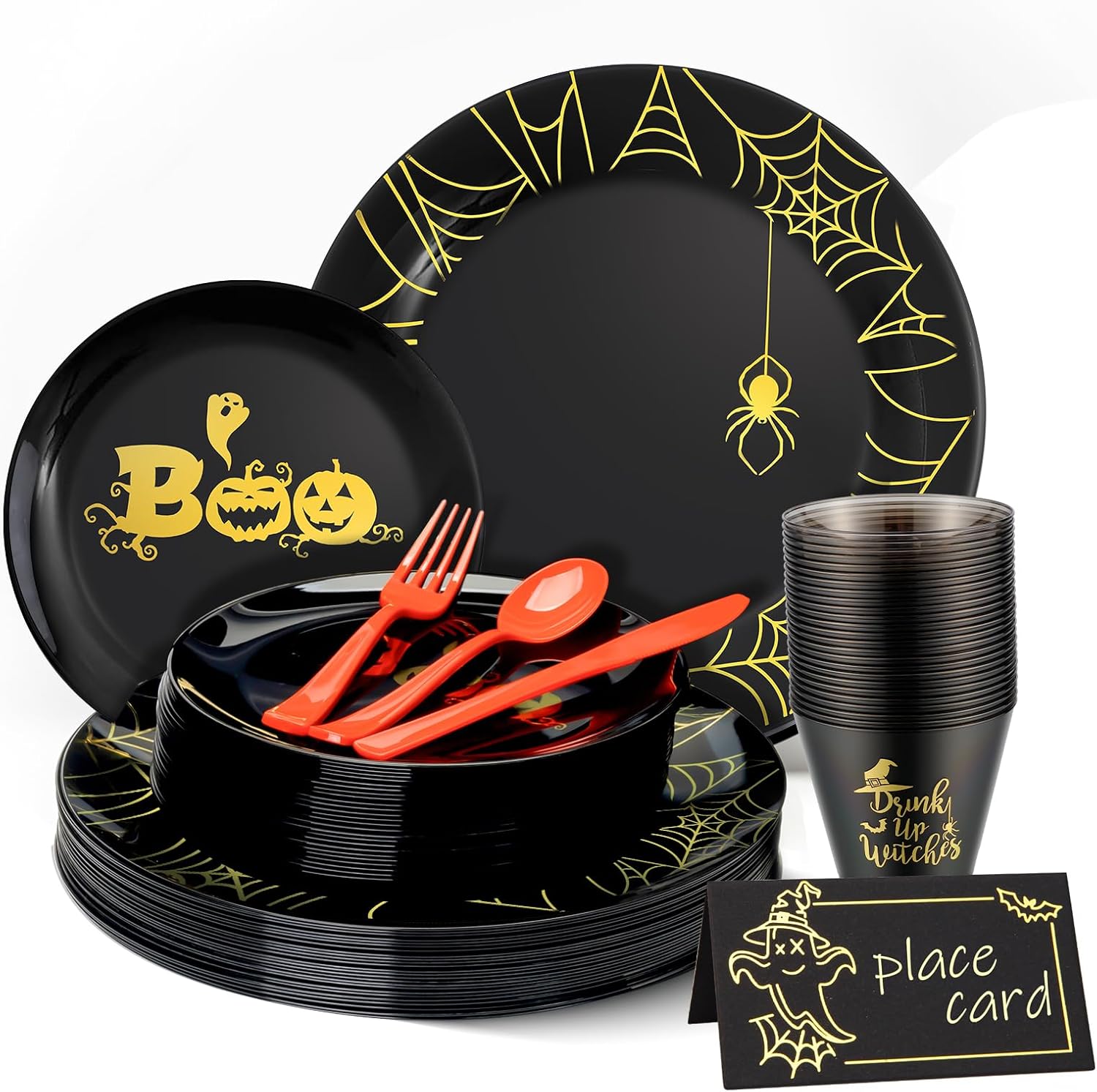 175Pcs Halloween Black Disposable Plastic Plates Set for 25 Guests, Heavy Duty Dinner Plates With Spider Web, Dessert Plates With Smiley Pumpkin, Orange Plastic Cutlery, Cups and Cards