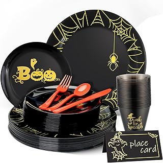 175Pcs Halloween Black Disposable Plastic Plates Set for 25 Guests, Heav...