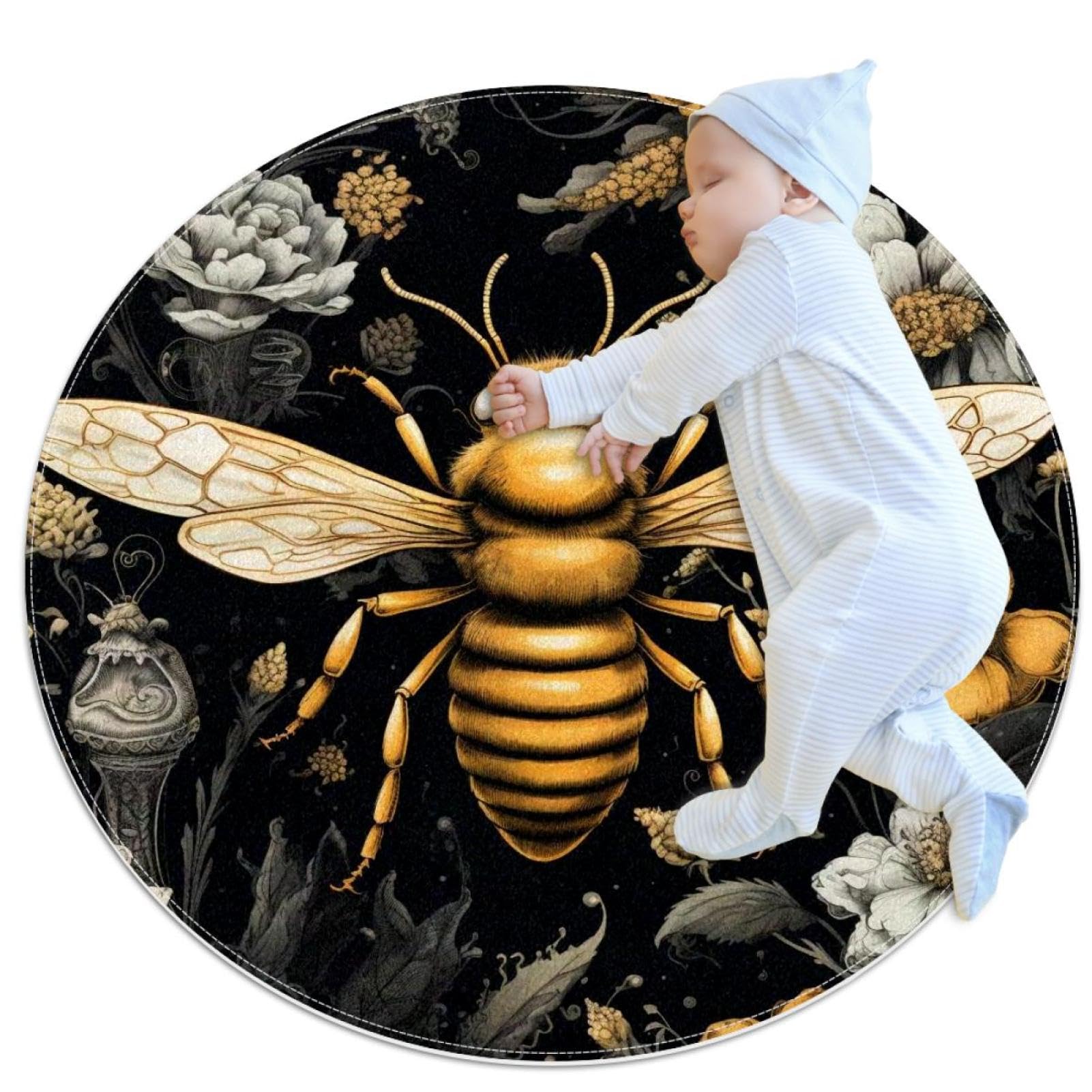 Tapis de salle de bain rond abeilles 1m antidérapant pour chambre