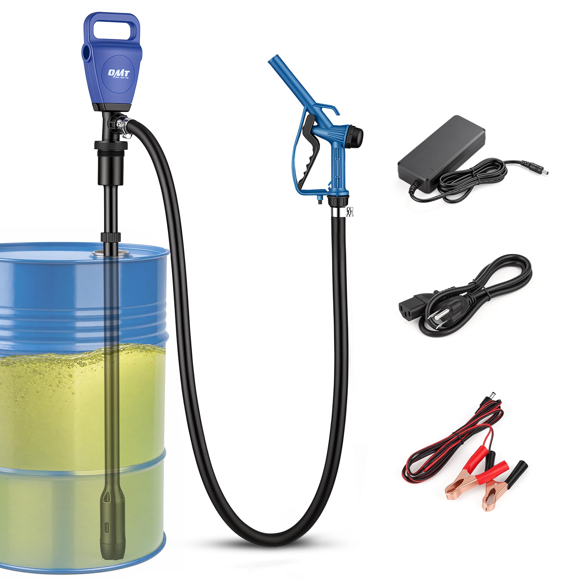 OMT 7 GPM Electric Drum Barrel Pump, Dual Power AC 100–240V &amp; 12V DC
