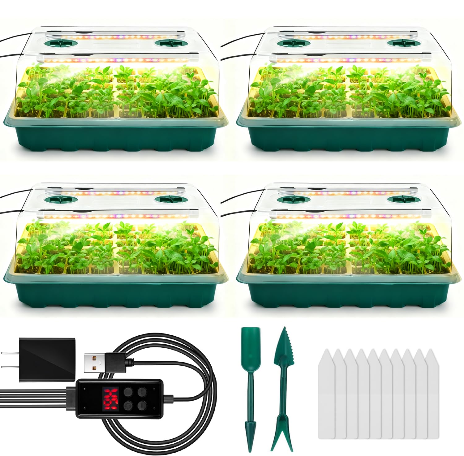 Seed Starter Tray with Grow Light, 192-Cell Seed Starter Kit, Seedling Starter Trays with Humidity Domes, Automatic Timer, Adjustable Light Indoor Gardening Plant Germination Trays