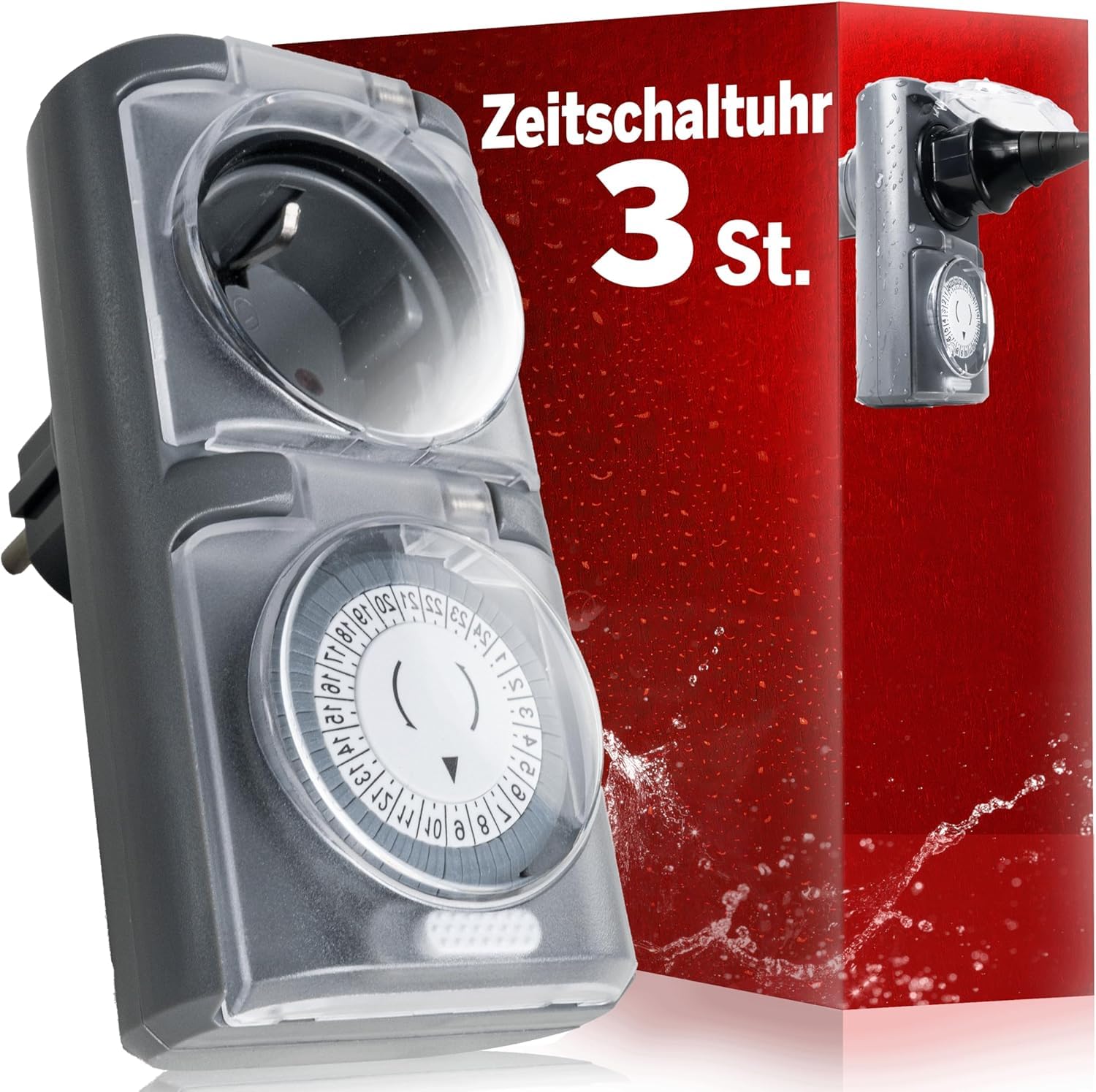 4smile Zeitschaltuhr Aussenbereich, 3er Set, Mechanische Zeitschaltuhr Steckdose Outdoor, Zeitschalter analog außen, IP44 Wasserdicht, für Lichter, Poolpumpen, Weihnachtsdeko, Grau