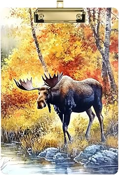 Moose Forest Autumn River Acrylic Clipboard A4 Letter Size Standard Clipboard with Low Profile Gold Finish Clip, Decorative Cute Funny Anime Clipboards for Office 9 X 12.5 Inch