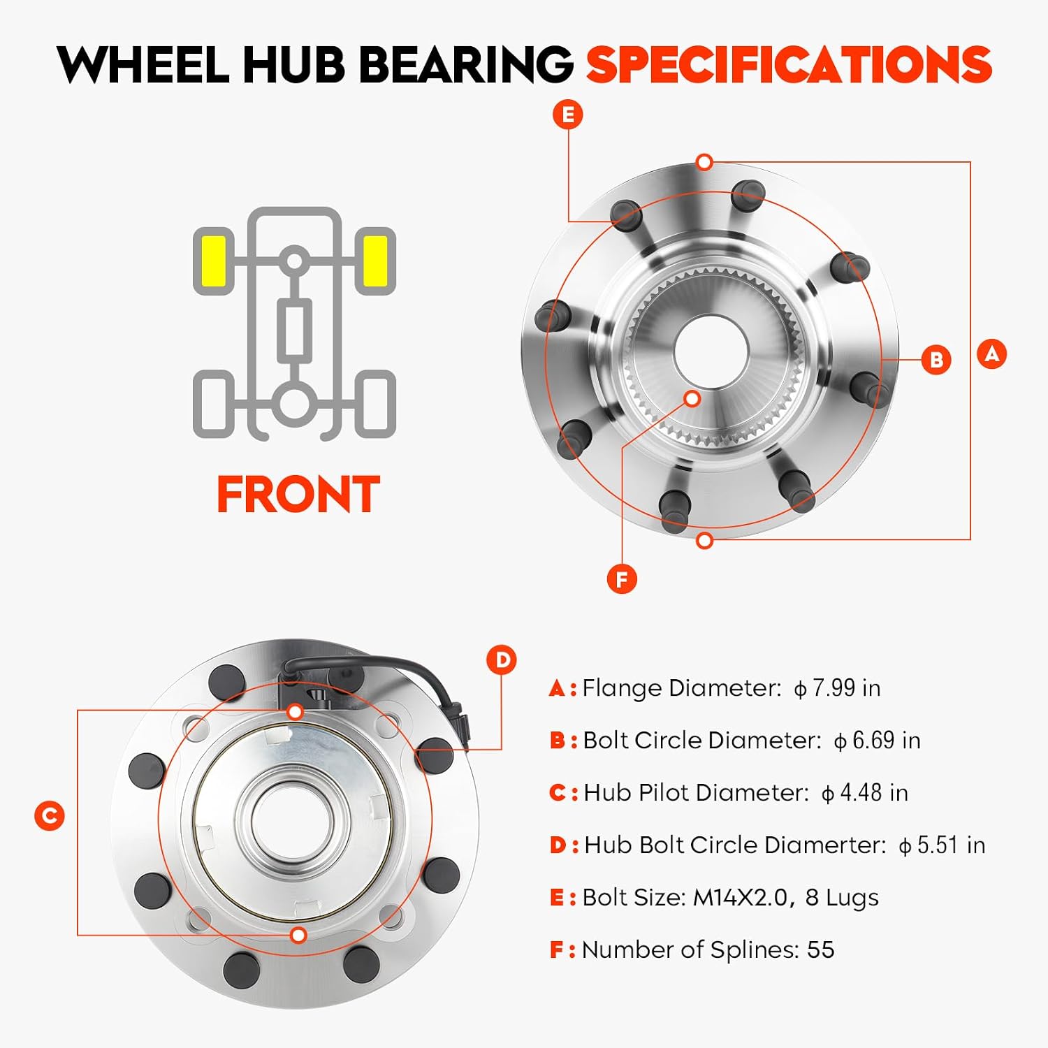 Front Wheel Hub Bearing Assembly for Ford F250 F350 Super Duty for Excursion 99-04 only 4WD w/ABS,8Lugs w/Coarse Thread replacment 515020 2PCS