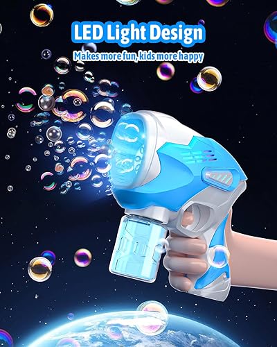 Miniatura 4 de Pistola de burbujas  Máquina de burbujas para niños  Pistola de burbujas de 8 agujeros con luz LED  Incluye solución de burbujas y baterías