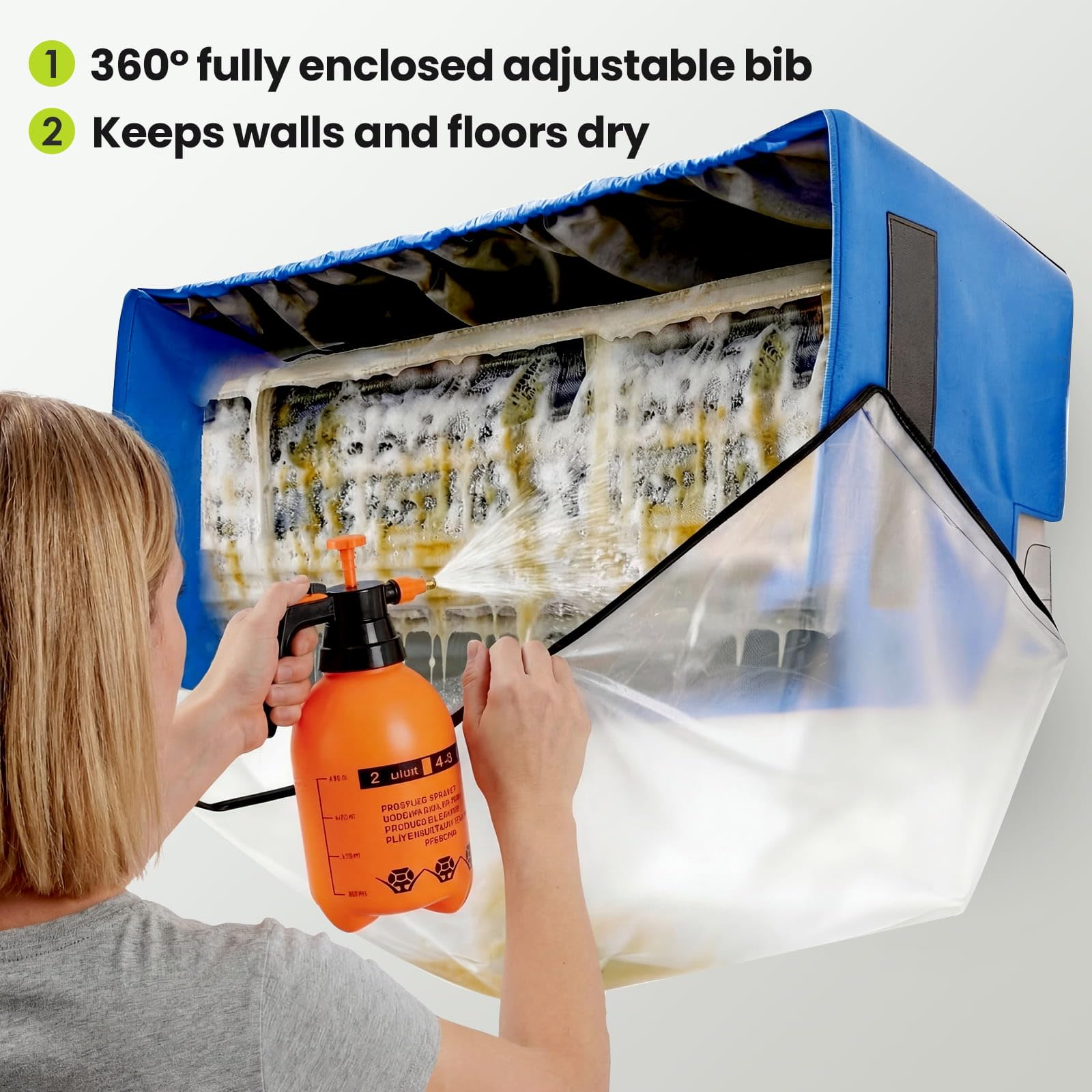 Kit Pulizia Condizionatore Split con Sacchetto Regolabile con e Pannelli Laterali, Kit Pulizia Climatizzatore Casa (M, Blu-Bianco Trasparente)