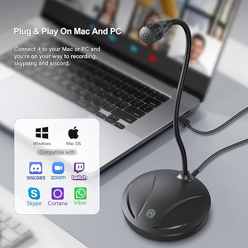Miniatura 2 de Micrófono de instrumento para cantar, podcasting, grabación de video de voz, micrófono USB de escritorio Plug & Play para PC con botón de silencio e