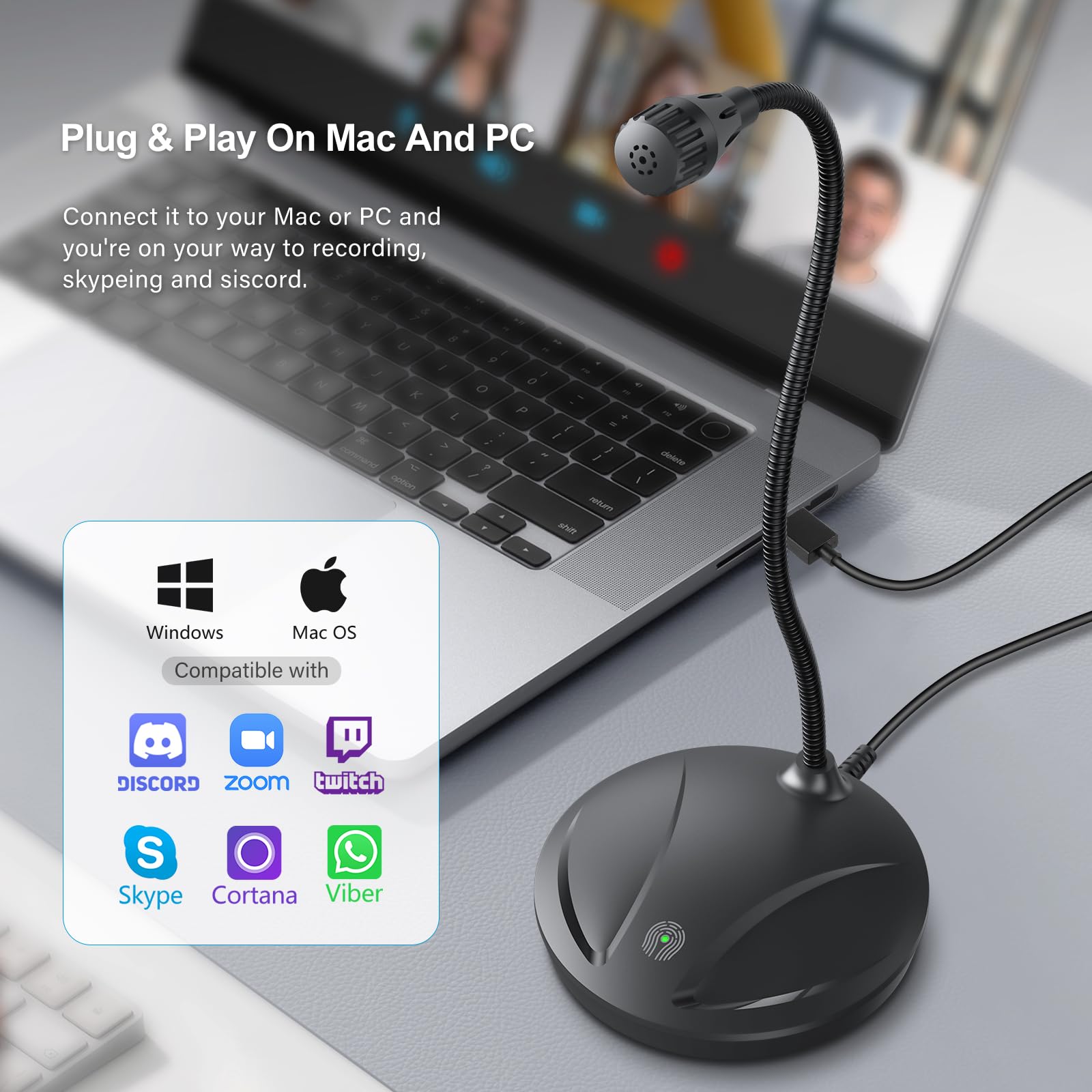 Microfono per strumenti, per canto, podcasting, registrazione video vocale, Plug & Play, microfono USB da tavolo per PC con pulsante mute e indicatore LED, compatibile con Windows/Mac