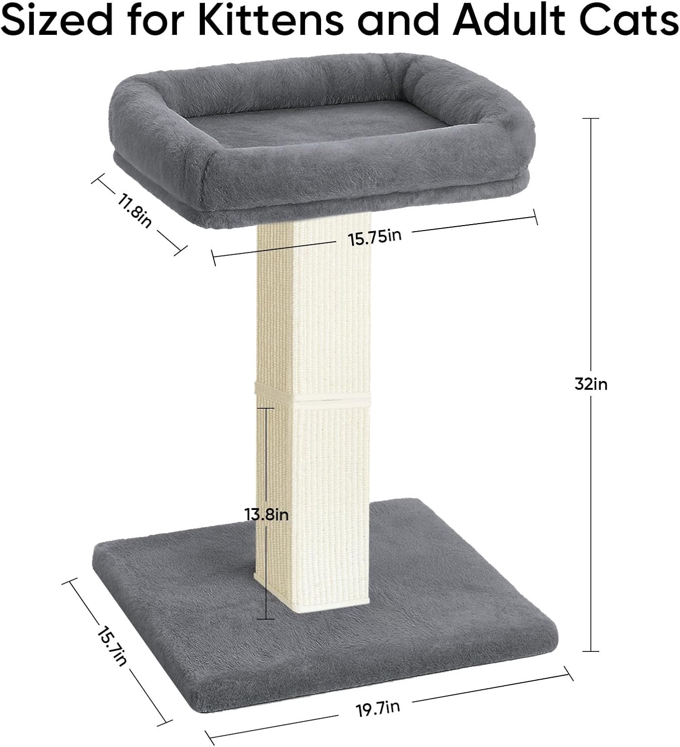 Cat Scratching Post, 32”Cat Scratcher with Large Plush Perch, Sisal & Carpet Scratching Post, Vertical Posts with Elevated Bed for Indoor Cats, Removable& Washable Cover, Grey