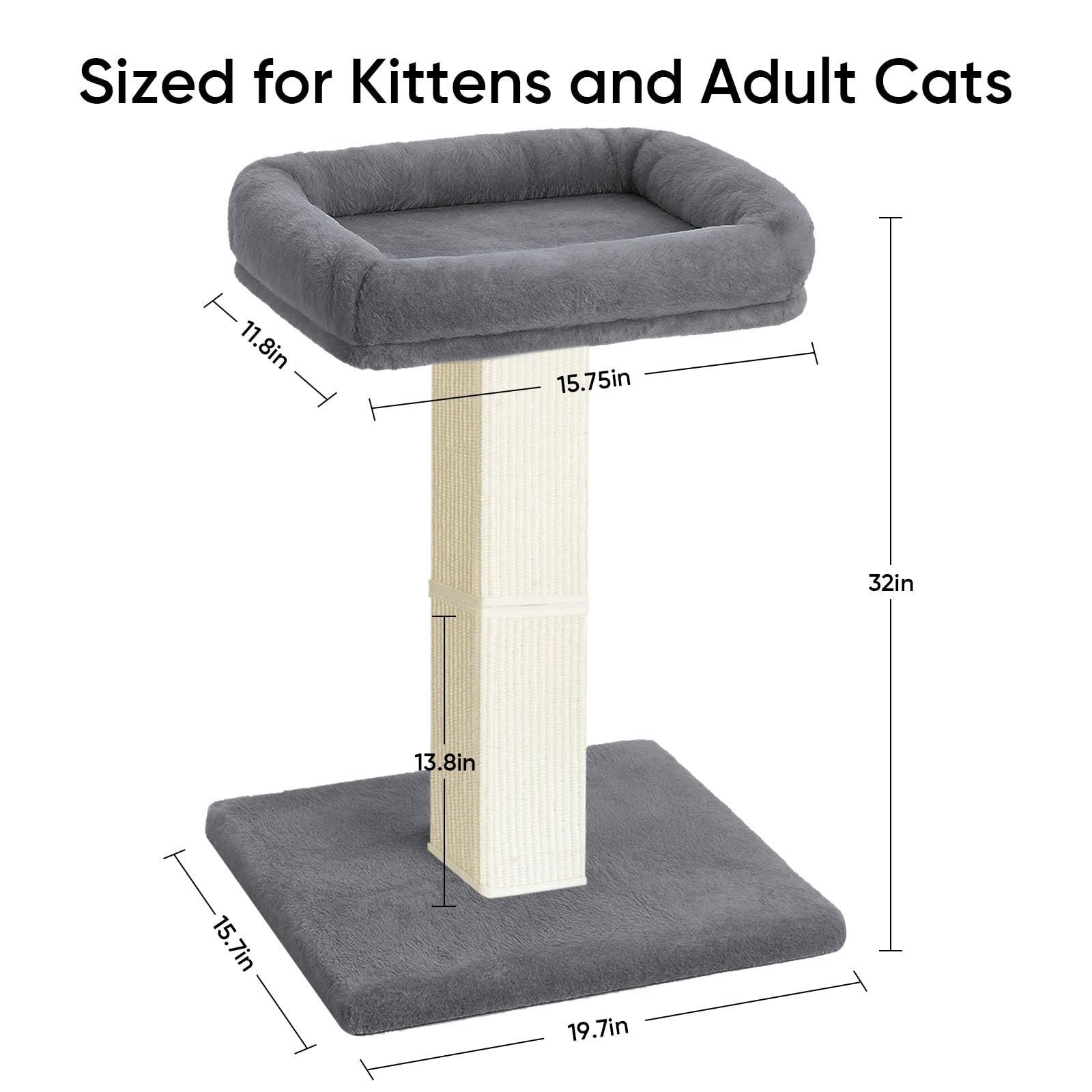 Tiragraffi per gatti, 81,3 cm, con grande posatoio in peluche, tiragraffi in sisal e moquette, pali verticali con letto rialzato per gatti domestici, fodera rimovibile e lavabile, grigio