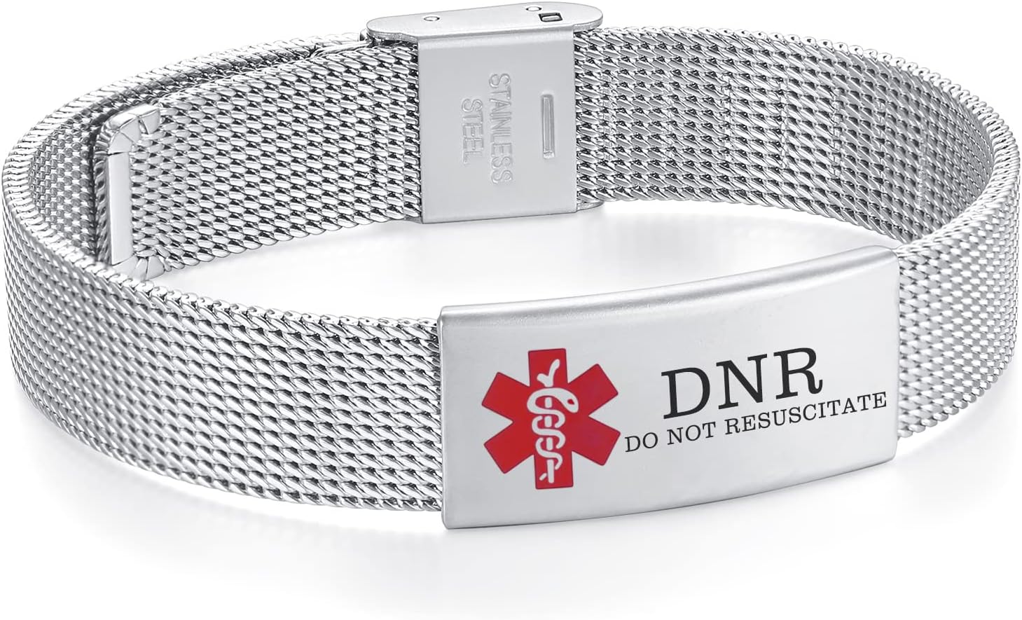 Stylish Stainless Steel Mesh Band Medical Alert Bracelet for Women and Men (Silver,DNR-Do Not Resuscitate)