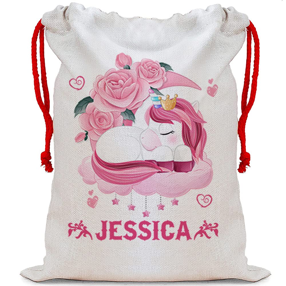 Giftme Girls Sack - Red Strings Personalised Floral Unicorn Princess Sleeps Here Any Name Storage Sack, Kids Toys Sack, Kids Stuff Sack Linen Santa Sack With Drawstrings Toy Bag,Stoking Filler. (Sack - Red Strings)