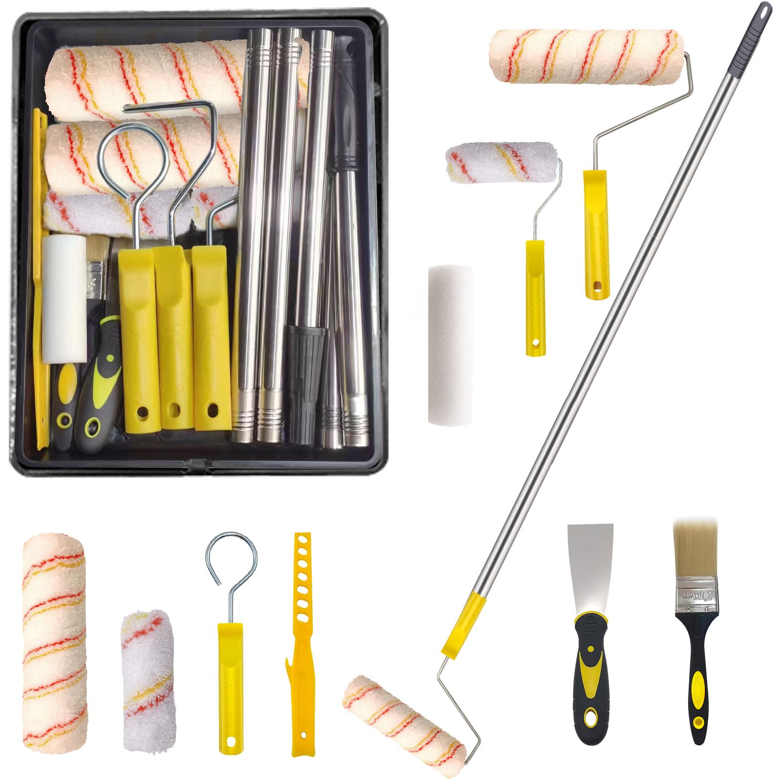 Juego de 13 rodillos de pintura, rodillos de pintura y bandeja con poste de extensión, incluye una bandeja de pintura, cepillo, rodillos y mangas grandes y mini, mezclador de pintura