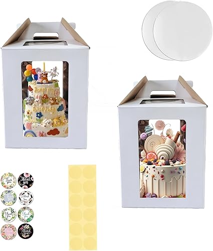 CouSweoArt Caja alta para tartas, caja alta para tartas de nivel con ventana, 2 paquetes de cajas escalonadas para pasteles de 12 x 12 x 14 pulgadas
