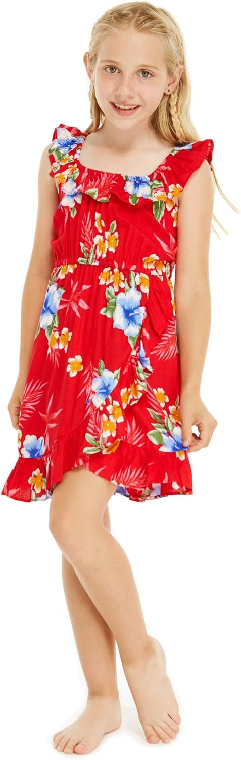 Matching Hawaiian Luau Outfit Men Shirt Girl Wrap Dress in Hibiscus