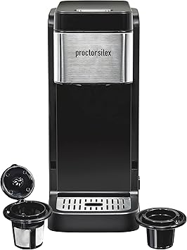 Proctor-Silex Single-Serve Coffee Maker Compatible with Pod Packs and Grounds, 40 oz. Reservoir Makes Four 10 oz. Cups Without Refilling, Black & Stainless Steel 49919
