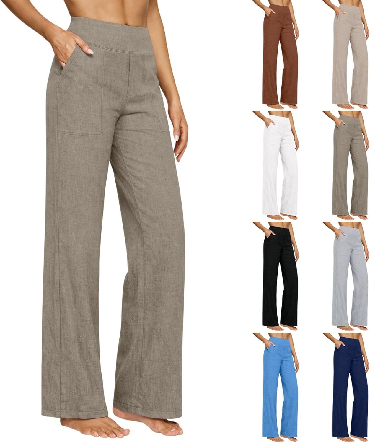 Womens Linen Pants Casual Spring High Waisted Wide Leg Pant Summer Office Dress Work Business Straight Leg Trousers
