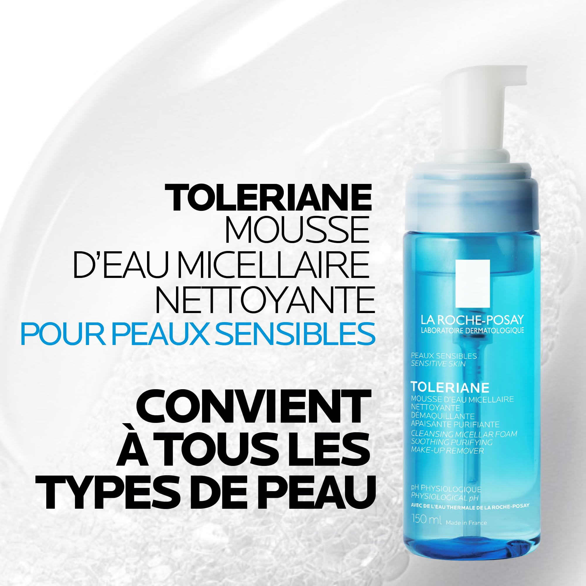 La Roche-Posay, Toleriane Mousse d'Eau Micellaire Nettoyante et Démaquillante, Élimination des Impuretés en Douceur, Enrichie en Glycérine, Idéale pour les Peaux Sensibles, 150 ml