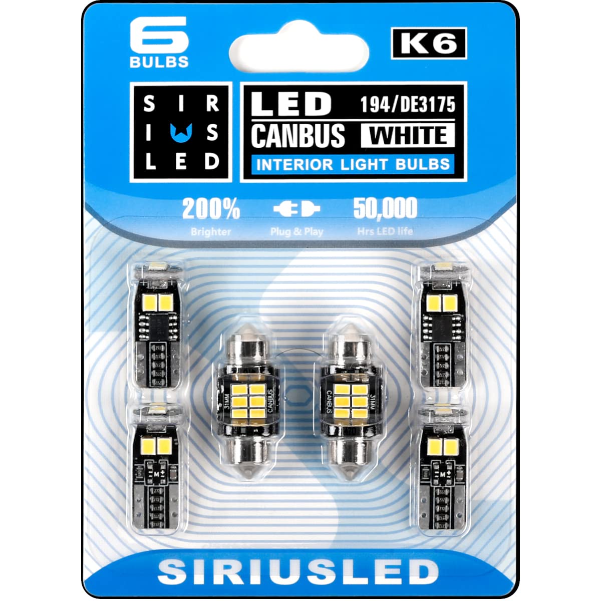 SIR IUS LEDK6 Canbus DE3175 31MM 194 168 2825 Combo LED bulbs white Super Bright 400 Lumens 3020 Chipset for Japanese Car Truck Interiors Dome Map Door Courtesy License Plate Lights pack of 6