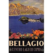 Elegant Tourist Resort Bellagio Pearl of Lake Como Beautiful Gardens View of the Water and the Surrounding Alps Italy Tourism Travel Vintage Poster Repro 8"X10" Image Size on CANVAS Fine Art Print Poster Shipped Rolled-up