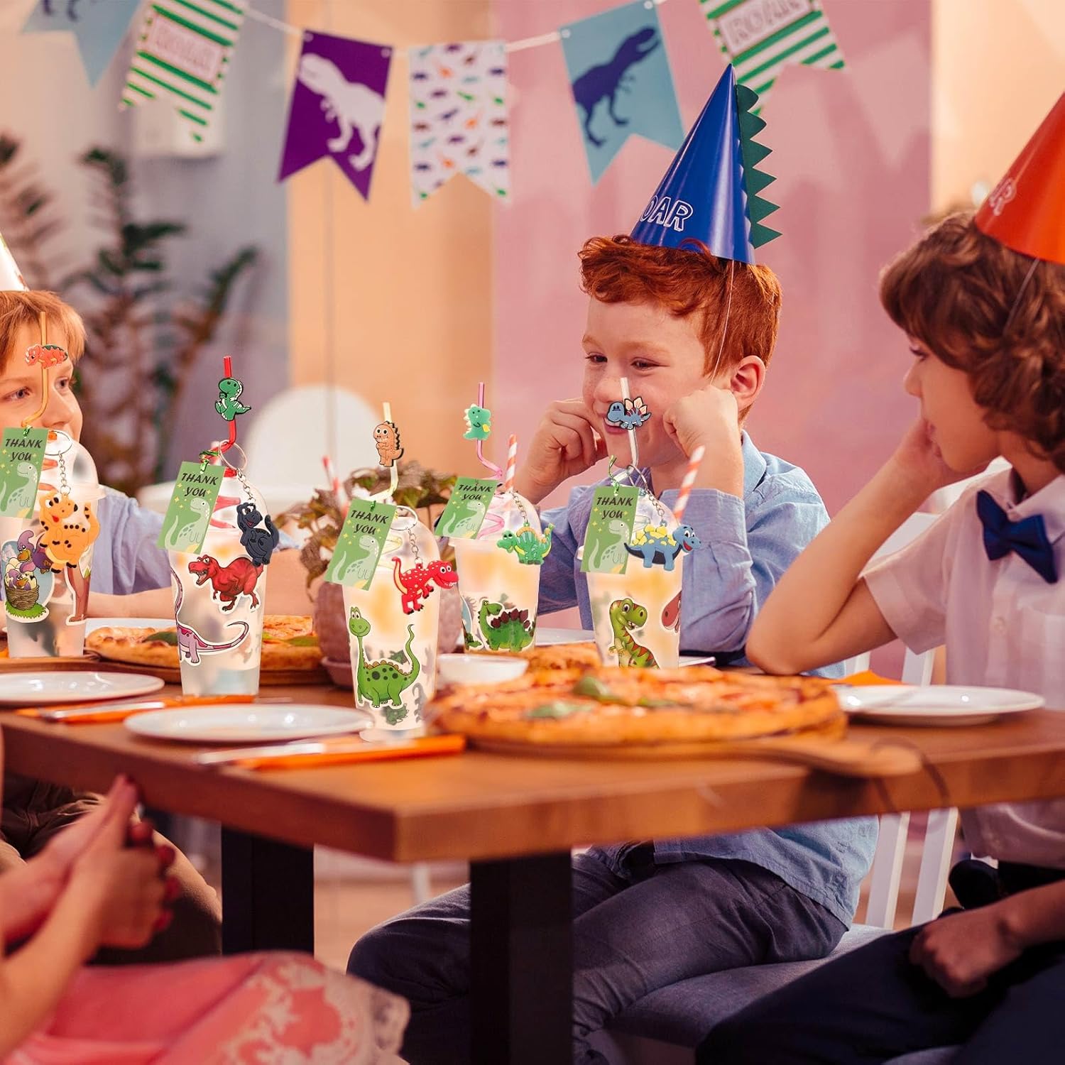 Qilery 195 Pcs Dinosaur Party Favors Bags Birthday Includes Plastic Cup with Lid Straw Keychain Bracelet Ring Stamper Stickers Tag for Party Favors Piñata Filling