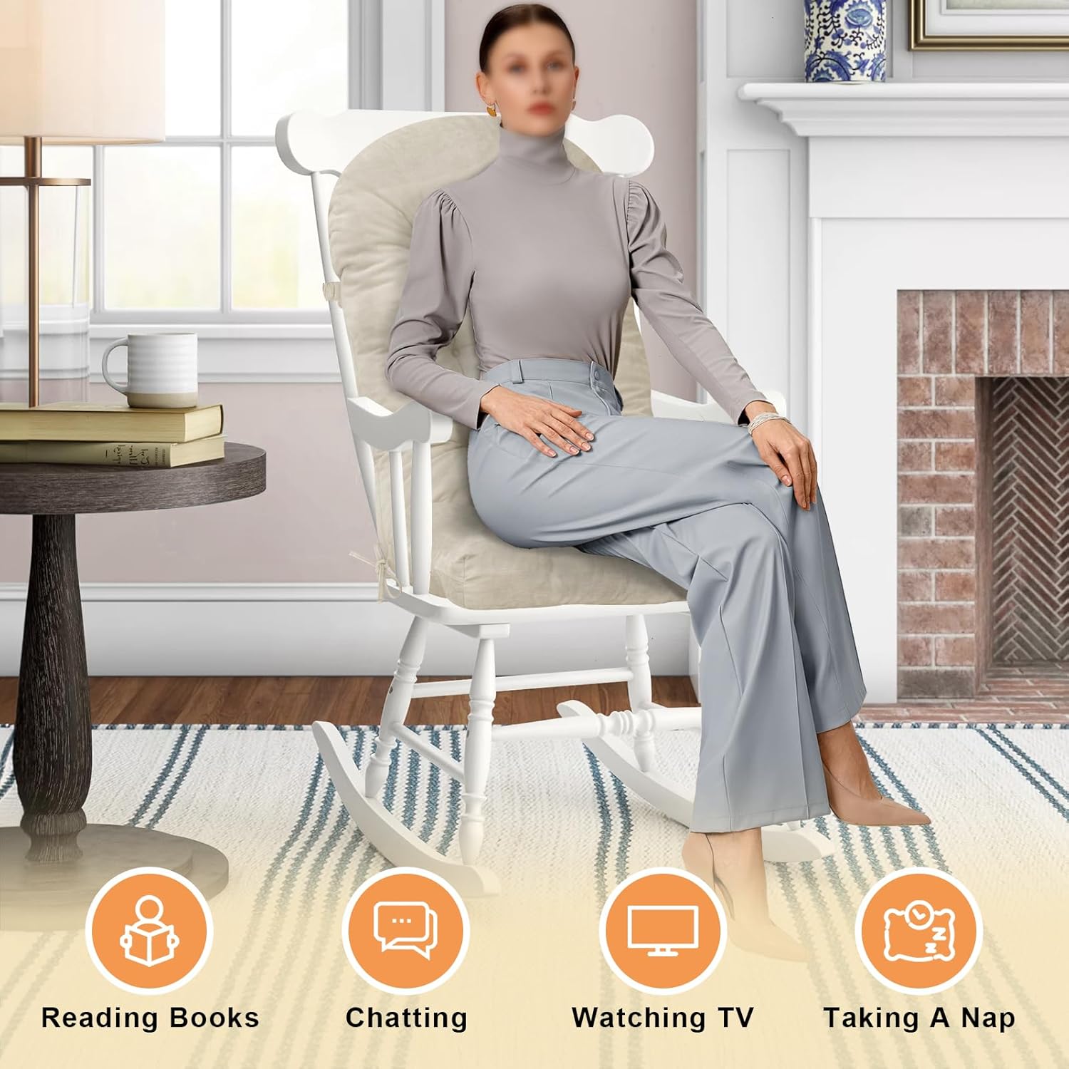 Rocking Chair Cushion - Chenille Fabric, High-Density Sponge, Durable Comfort Non-Slip Bottom Tufted Seat Pads with Ties, Chenille︱Oyster White, 44x19x4 inch