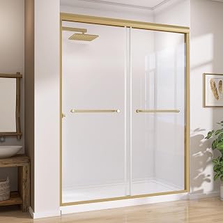 GETPRO Shower Door 50-54 in. W x 75 in. H Semi-Frameless Double Sliding Glass Shower Doors Bypass Glass Door for Walk-in Shower with 5/16 inch Tempered Glass Brushed Gold Hardwares