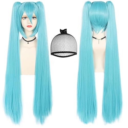 ANOGOL Hair Cap+ 120CM Blue Ponytail Wig Cosplay Lolita Wigs with Double Ponytails Long Straight Blue Cosplay Wigs Synthetic Hair Party for Anime Costume Halloween Outfit - Light Blue