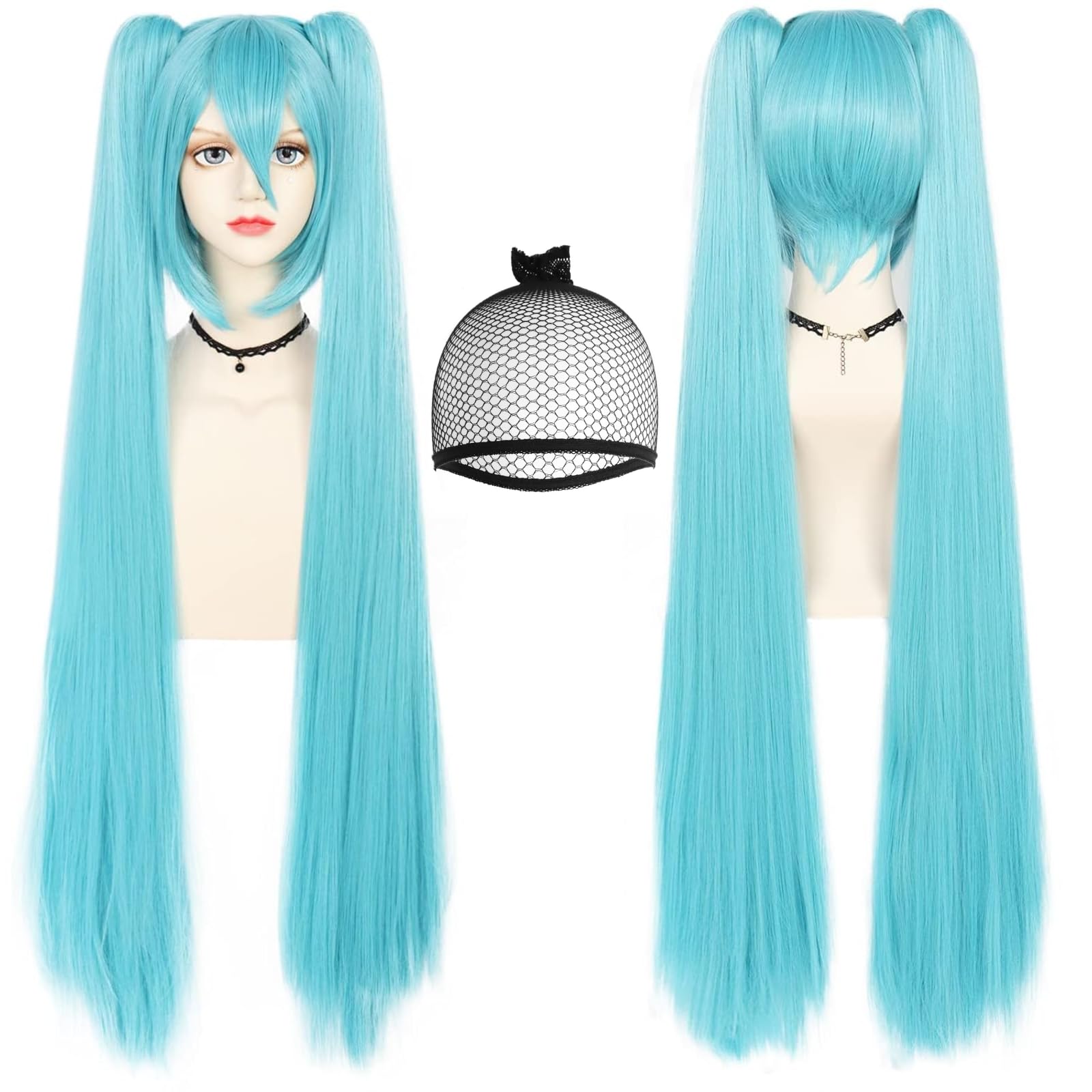 Anogol Wig Cap+ 120CM Blue Wig with Double Ponytails Wig for Girls Long Straight Cosplay Wig Synthetic Hair Wig Party for Anime Costume Wig for Halloween