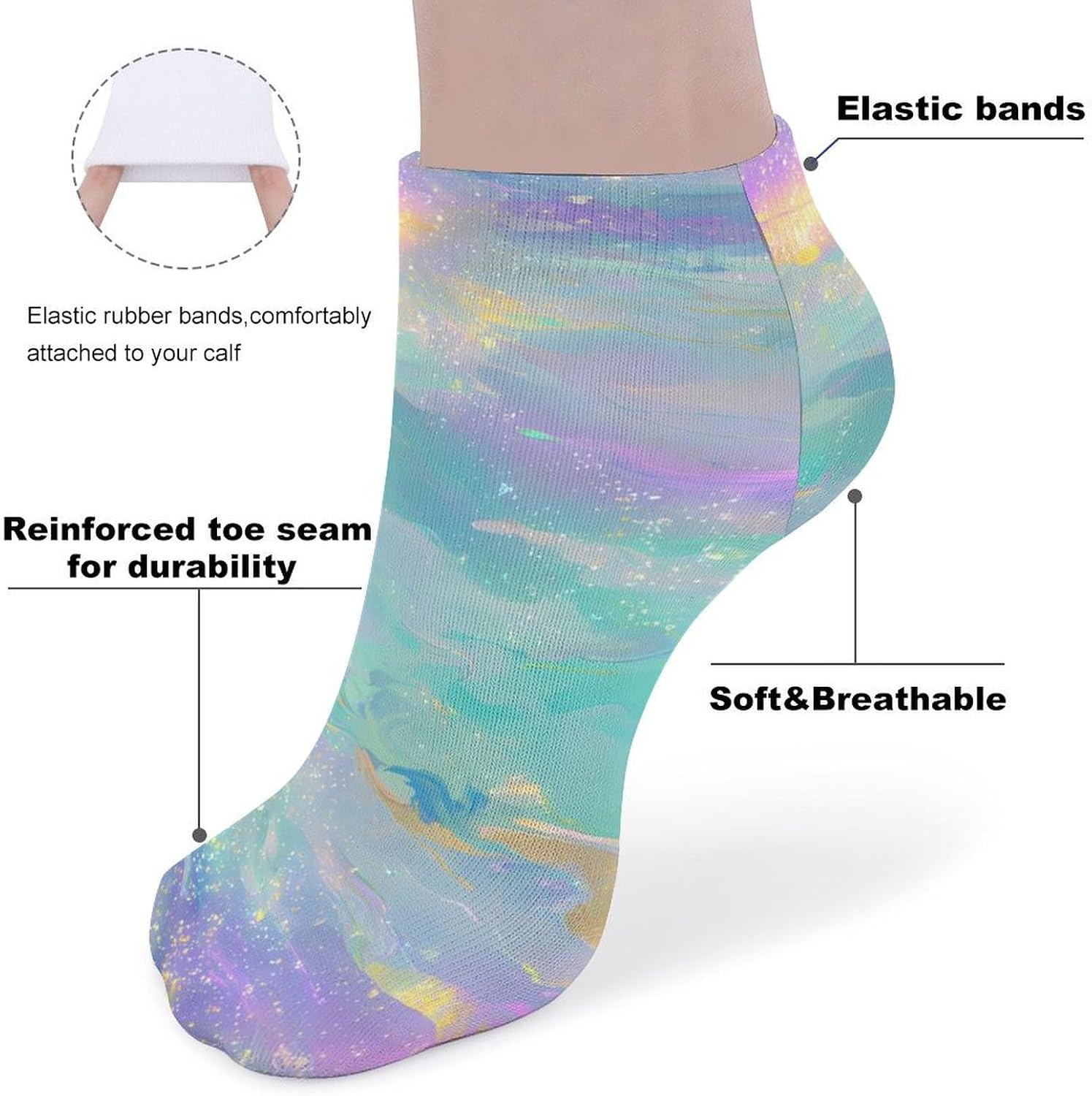 Rainbow Shining Marble Neon Glitter No Show Ankle Socks Low Cut Non Slip Flat Boat Line 5 Pairs Set