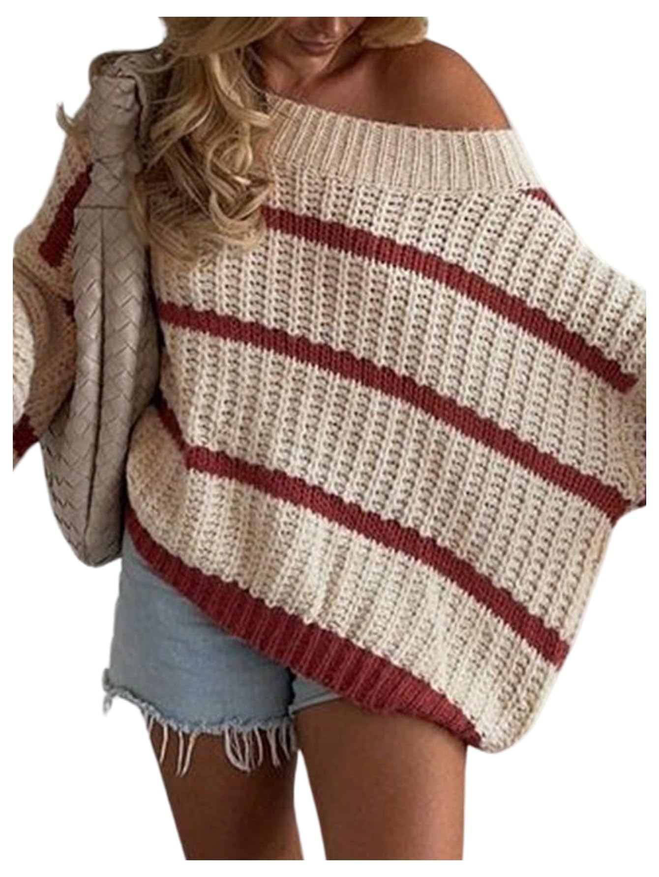 MakeMeChic Womens Off The Shoulder Sweater Striped Long Sleeve Knit Chunky Pullover Oversized Sweater