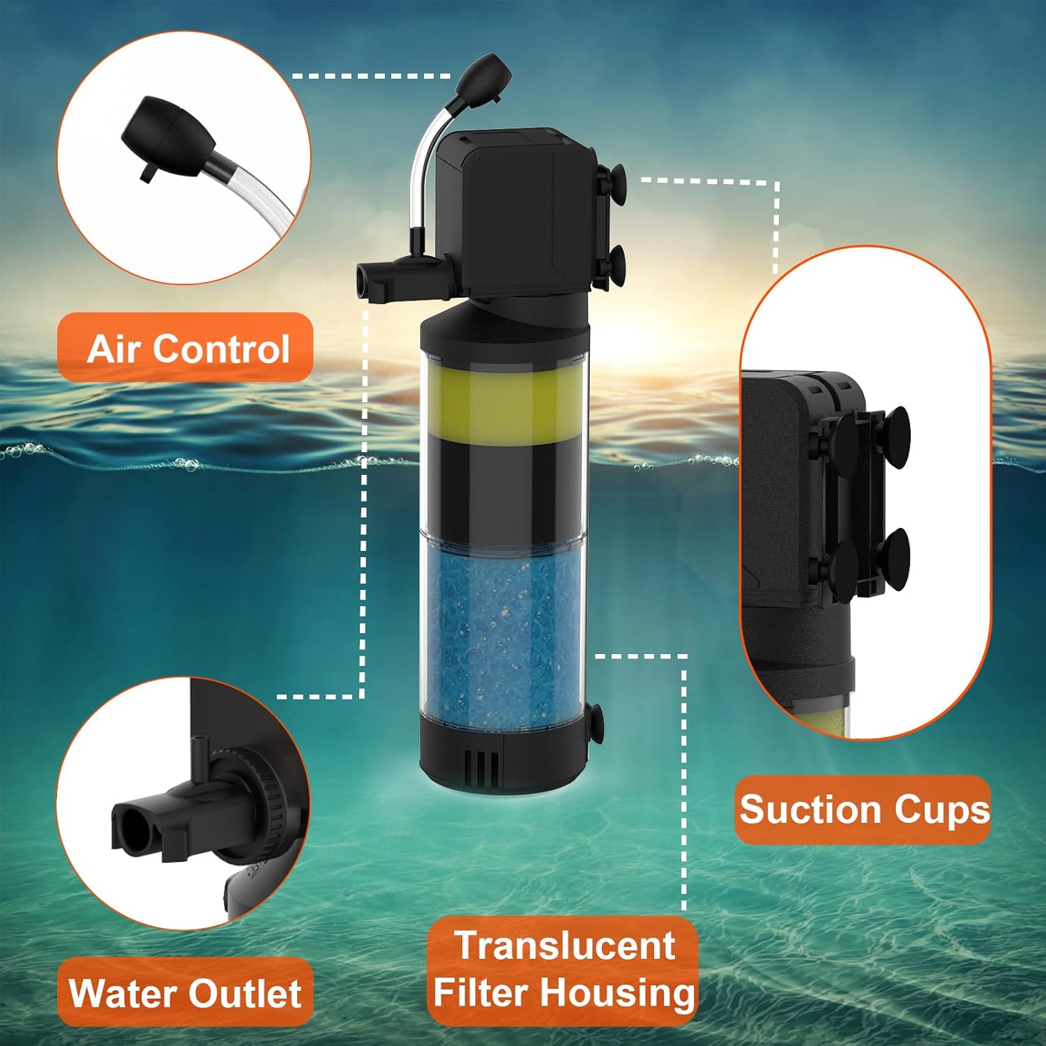 AquaMiracle Aquarium Filter for 10-40 Gallon Aquariums, Fish Tank Filters Turtle Filter Internal Power Filter 3-Stage Filtration with Aeration/Rainfall Modes