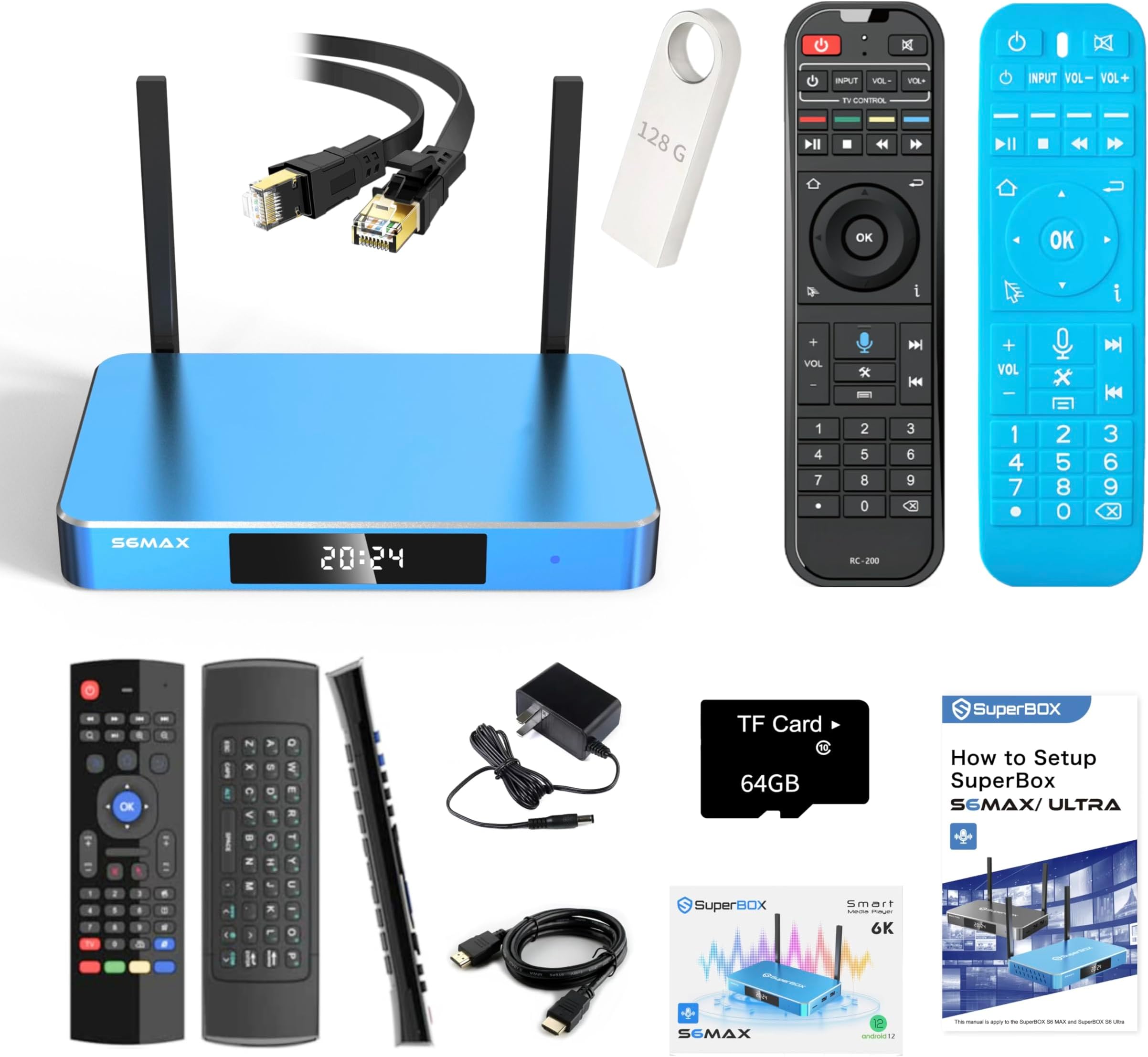 PZR 2024 S 6 M A X 4G RAM + 64G ROM S 5 M A X 2024, 128G USB Flash Drive, Remote Cover Case, Ethernet Cable, Bluetooth Voice Remote with Keyboard, 64G Tf Memory Card, Instruction Manual
