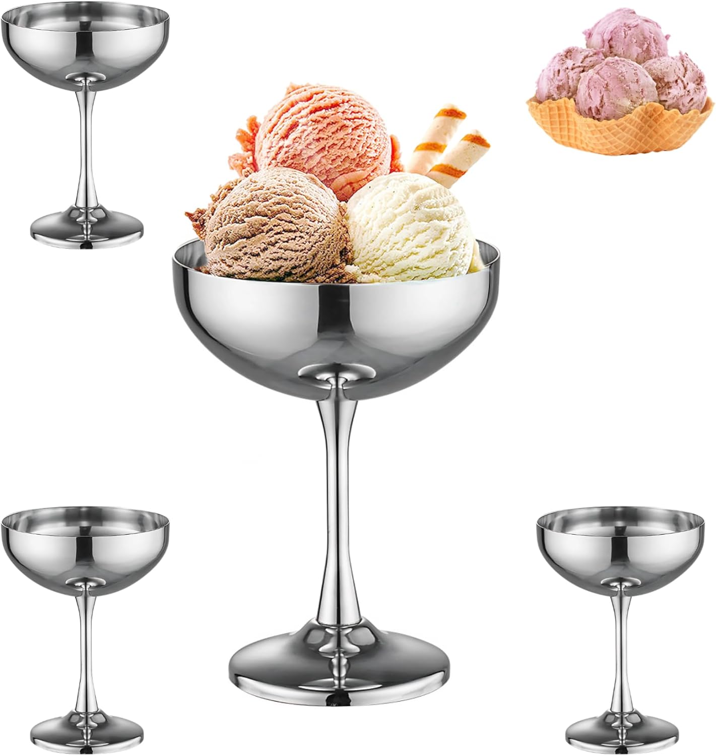Stainless Ice Cream Bowls, 4 pcs Ice cream cup 270 ml/9.13 oz trifle bowl with foot, ice cream sundae dessert glasses for fruit salad, yogurt, and fruit pudding (Silver and Tall)