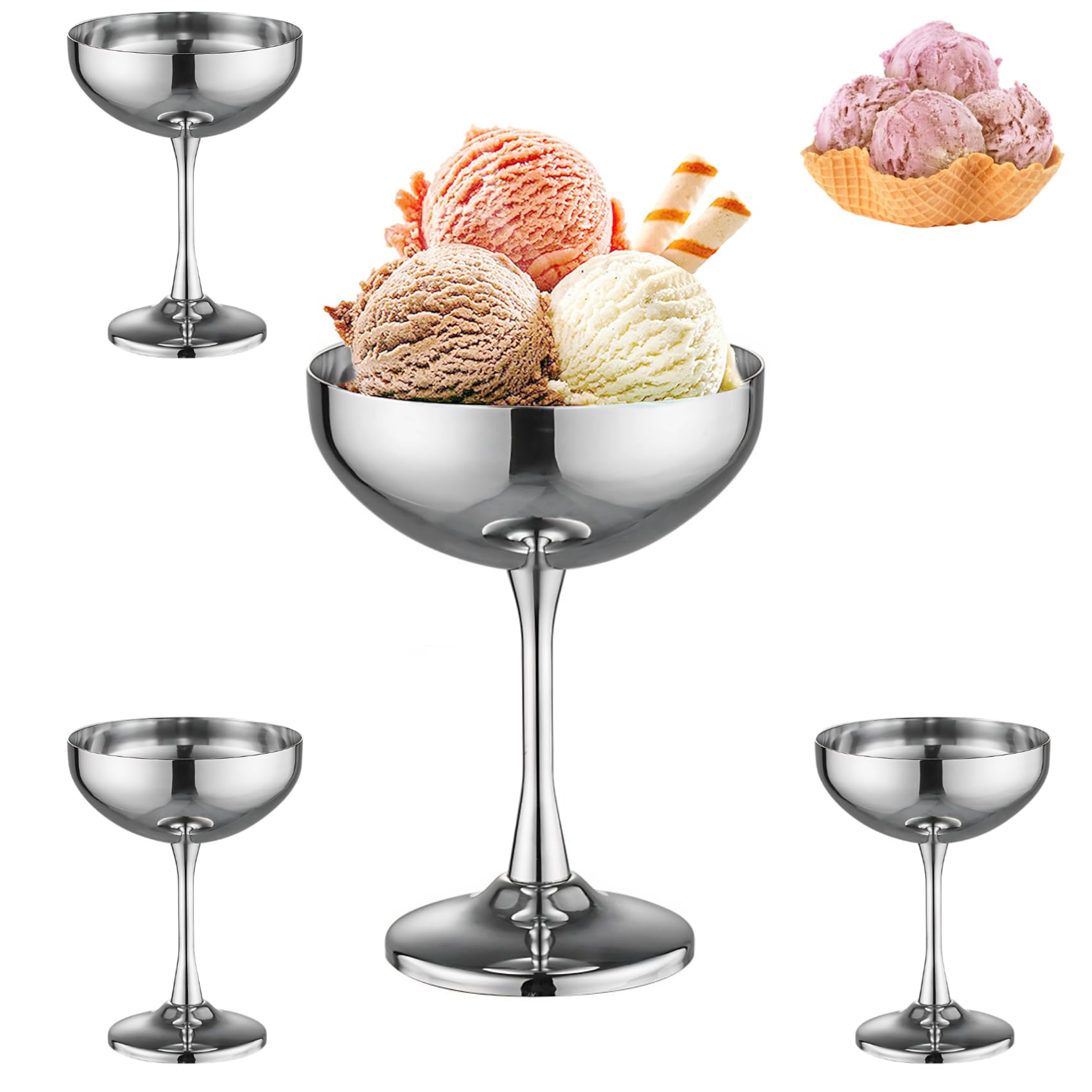 4 Stück Eisbecher Edelstahl Set, Dessertgläser mit Standfuß Bruchsicher Spülmaschinenfest Dessertschalen für Eis,Fruchtpudding,Salat Modernes Design für Zuhause (Silber und Groß-270ML)