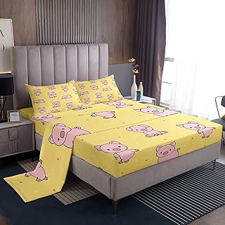 Pink Pig Fitted Sheet Set Full Size 4 Pcs,Cute Pigs Animal Theme Teens Sheets,Kawaii Farm Livestock Bedding Sets (1 Fitted,1 Flat,2 Pillowcases)