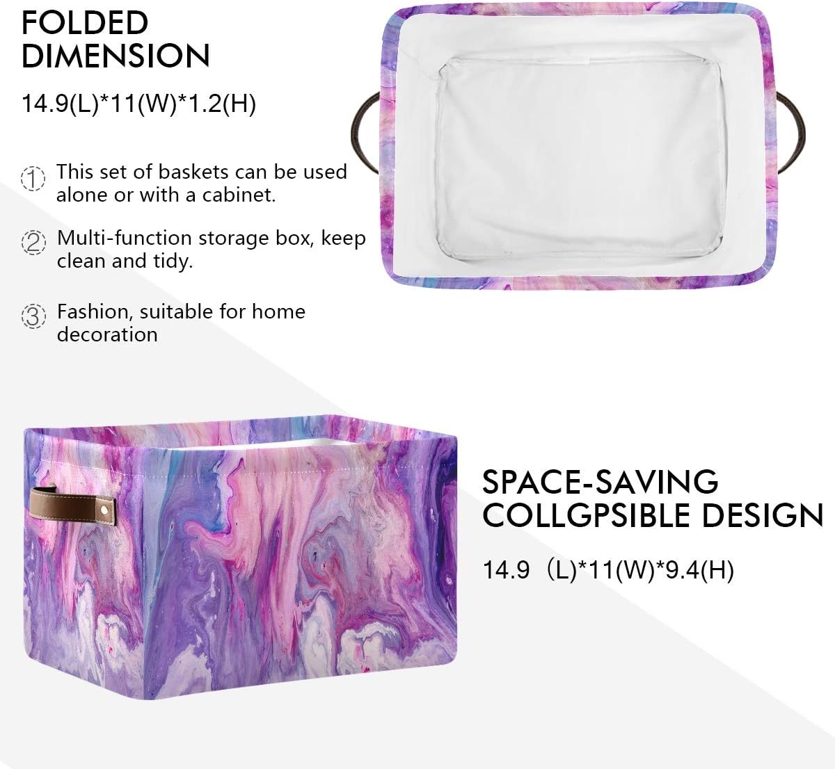 Storage Basket Cube Pastel Purple Marble Texture Large Collapsible Toys Storage Box Bin Laundry Organizer for Closet Shelf Nursery Kids Bedroom,15x11x9.5 in,2 Pack